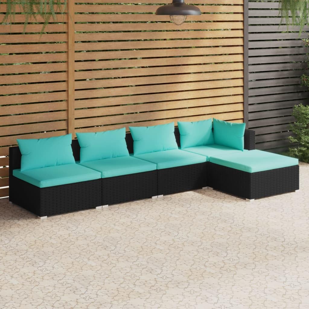 5 Piece Patio Lounge Set with Cushions Poly Rattan Black,Modern Patio Lounge Set with Modular Design and Water-Resistant Rattan for Outdoor Living Patio Furniture, Outdoor Furniture Sets