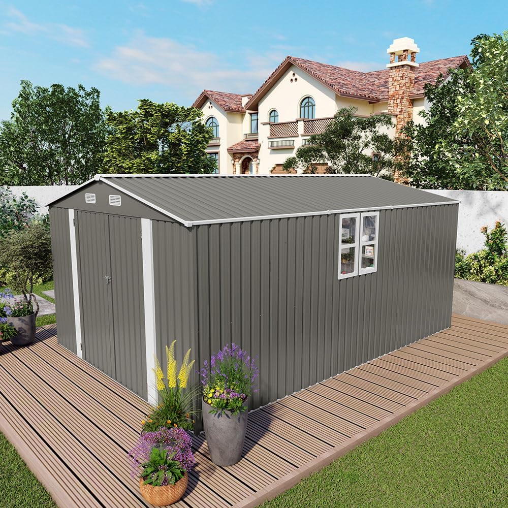 Outdoor Metal Storage Shed, 10x14 FT Galvanized Steel Garden Tool House with 796 Cu.Ft Capacity, Gray Double Door Utility Building with Windows, 7 LBS/SQ.FT Roof Load