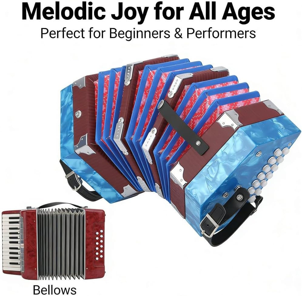 Concertina Accordion Portable Wood Instrument Royal Blue, Adjustable Hand Strap, Beginner Friendly - Professional Craftsmanship, Compact Design, Ideal for Adults and Students (Blue)