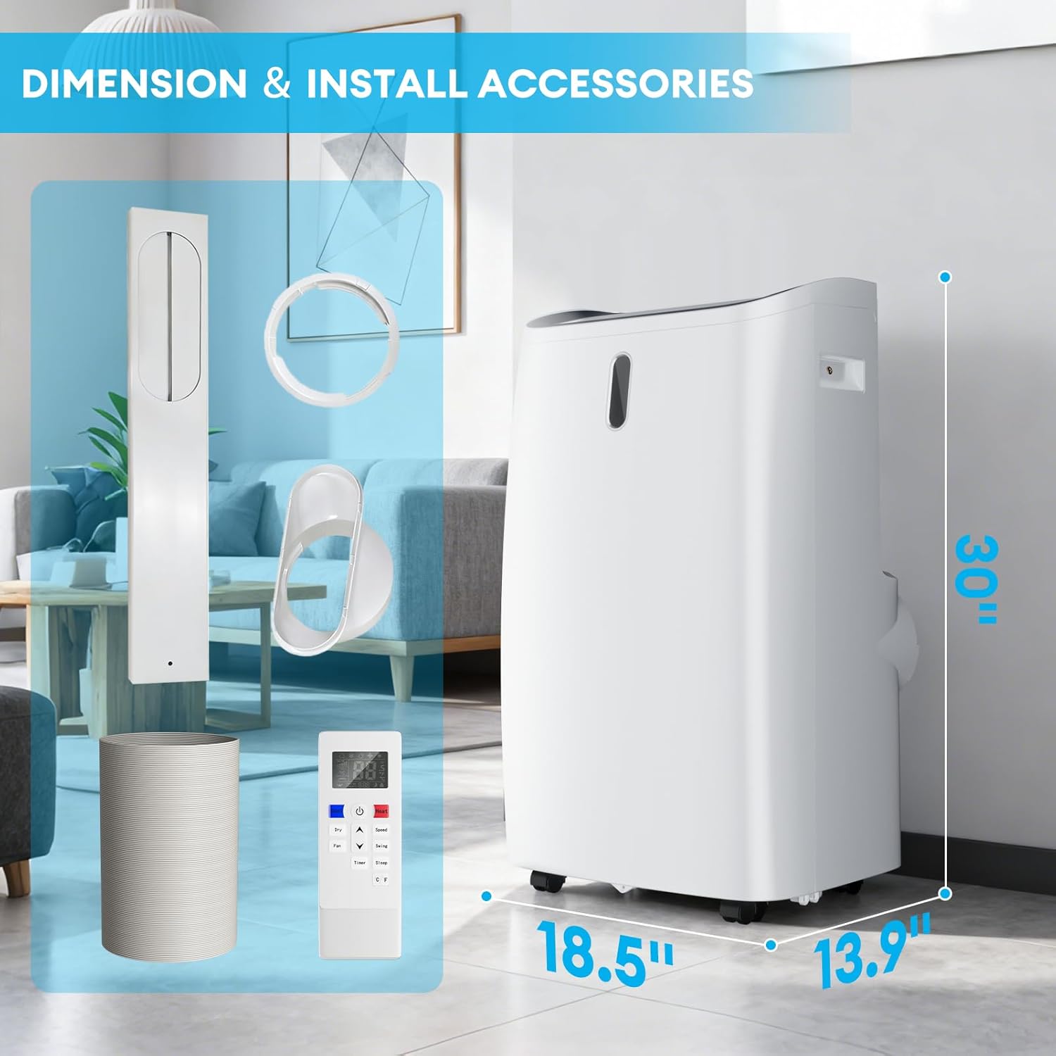 14000 BTU Portable Air Conditioner, 4-in-1 with Cool/Heat/Dry/Fan Functions, Wi-Fi Smart AC Unit with App& Remote Control, LED Display,Ideal for Bedroom, Living Room, Office(White)