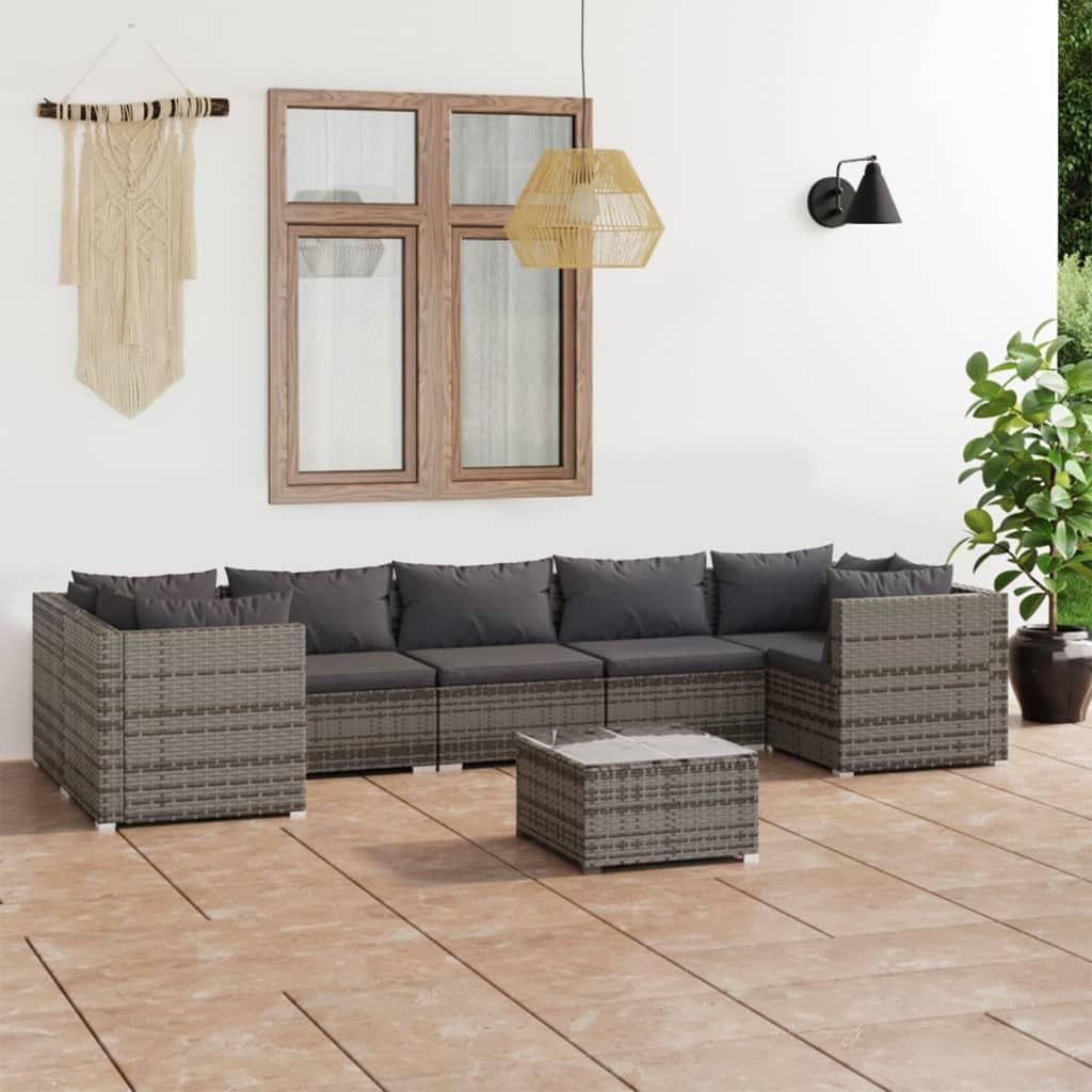 8-Piece Garden Lounge Set, Grey PE Rattan, Powder-Coated Steel, Rectangular Outdoor Patio Furniture for 7 People, Balcony, Terrace