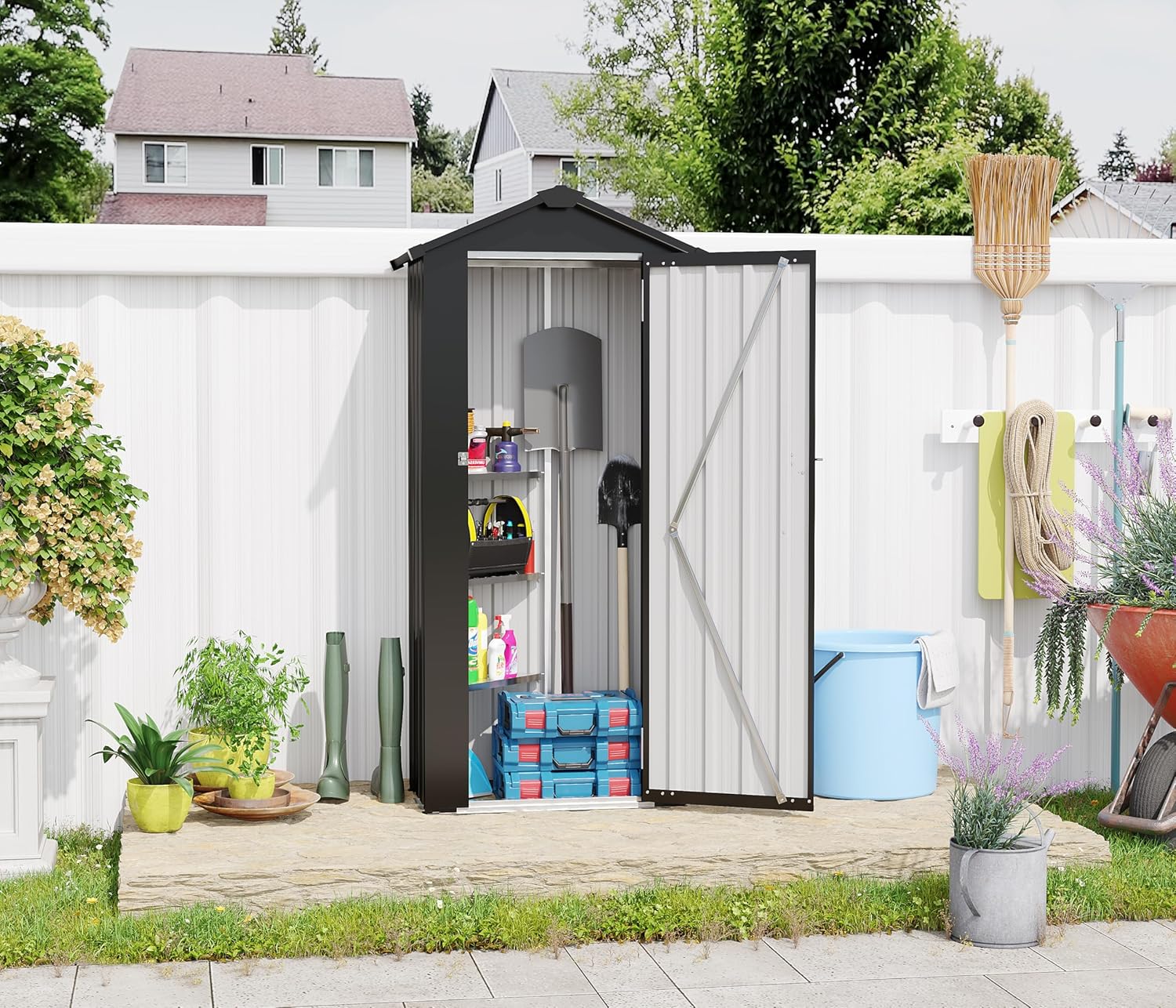 Outdoor Storage Shed Waterproof Metal Garden Tool Bike Sheds Kit, Lean-to Shed Backyard Storage Building Cabinet for House,Black 2.5 * 1.4FT