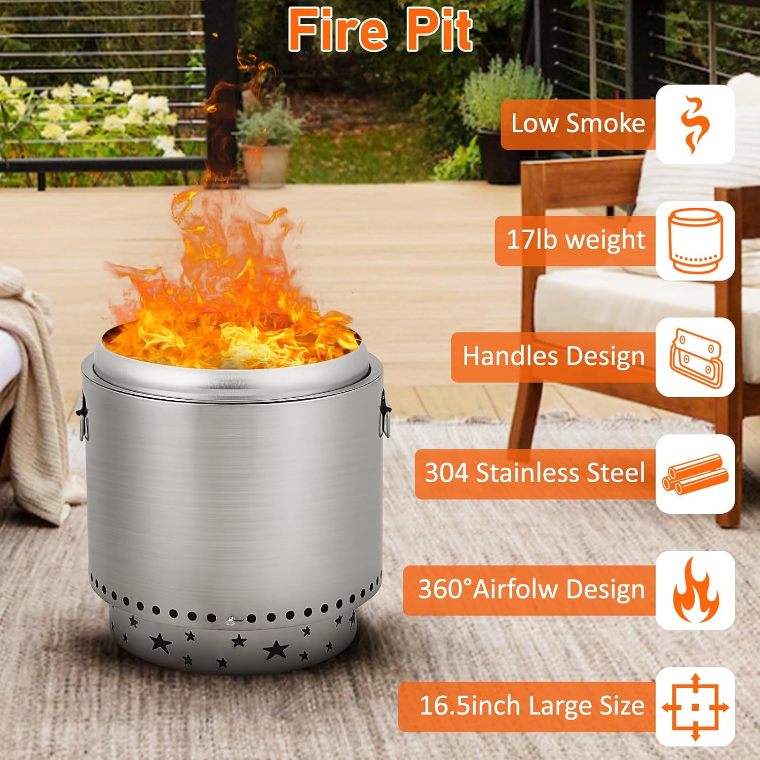 GarveeLife 16.5 in Protable Smokeless Fire Pit, Fire Pit with Handles Design, Stainless Steel Stove Wood Burning, Removable Ash Pan, Ideal for Camping, Garden