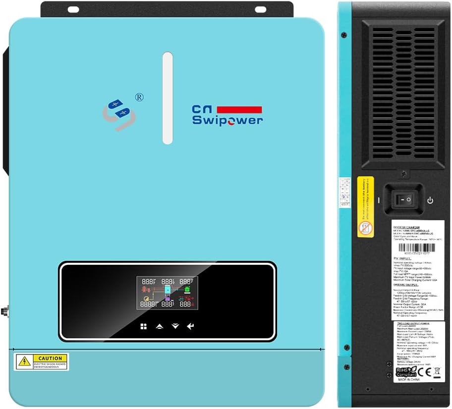 Xijia 3600VA 3600W MPPT Hybrid Pure Sine Wave Power Inverter with 120A MPPT Solar Charger dc 24V to 110v ac 60HZ Solar Converter for Home,car ＆Cabin，with WiFi Module