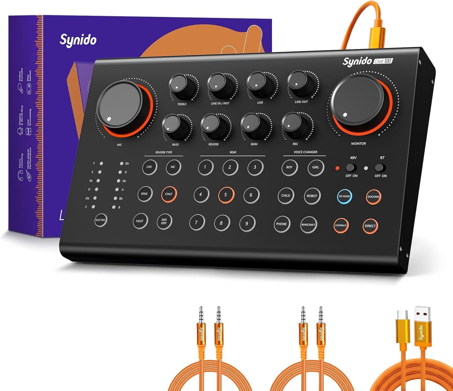 Synido Podcast Equipment Sound Card, Audio Interface Mixer with Pro-preamp, 48V Phantom, 9 Customize Sound Pads, XLR, 1/4