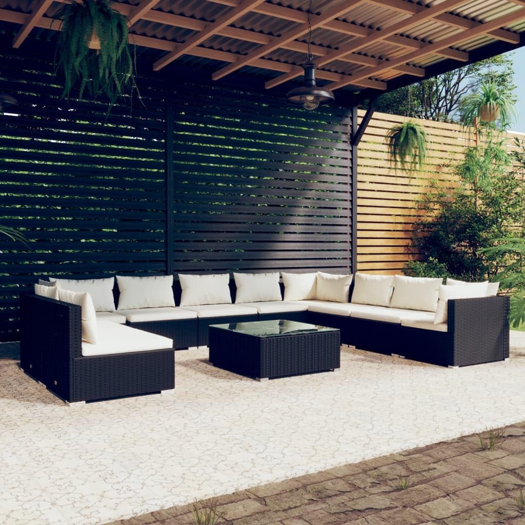 11 Piece Patio Lounge Set with Cushions Black Poly Rattan,Modular Rattan Patio Lounge Set for Outdoor Leisure Patio Furniture Sets, Outdoor Furniture Sets