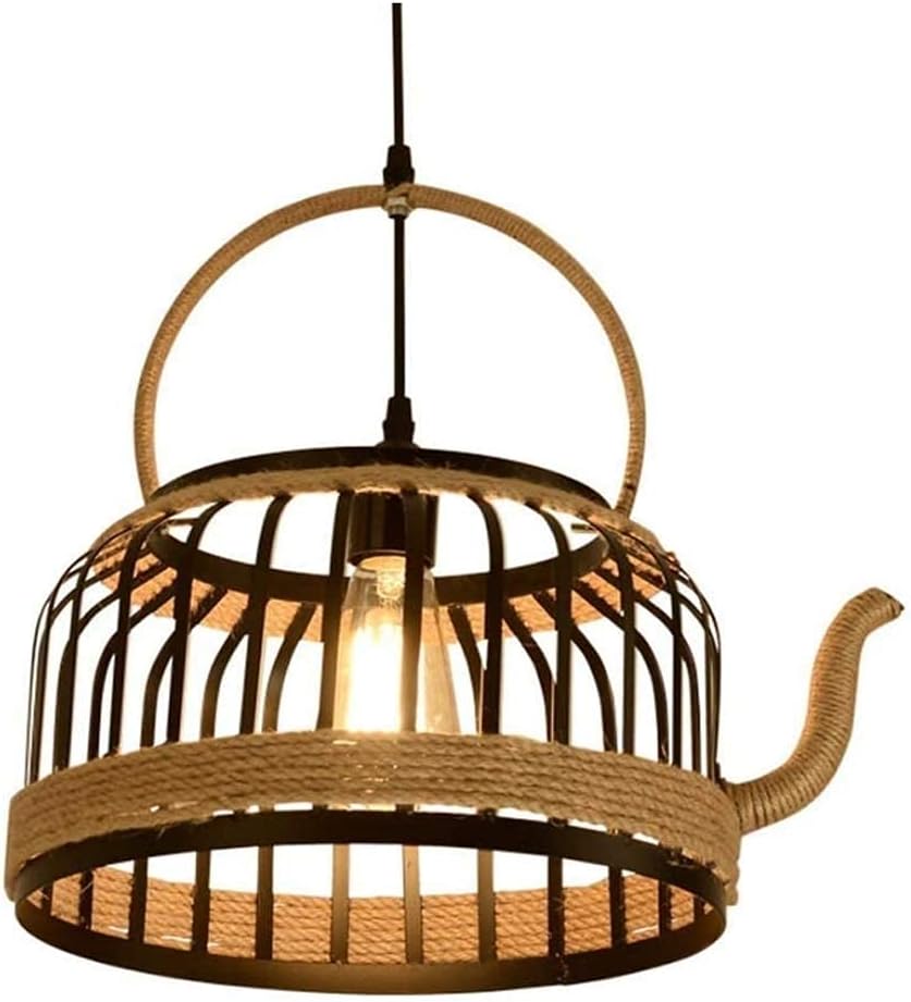 Rustic Woven Pendant Light, Single-Head Industrial Metal Hemp Rope Mini Pendant Lighting Fixture Adjustable Wrought Iron Ceiling Lamp for Kitchen Island Cafe Bar Farmhouse