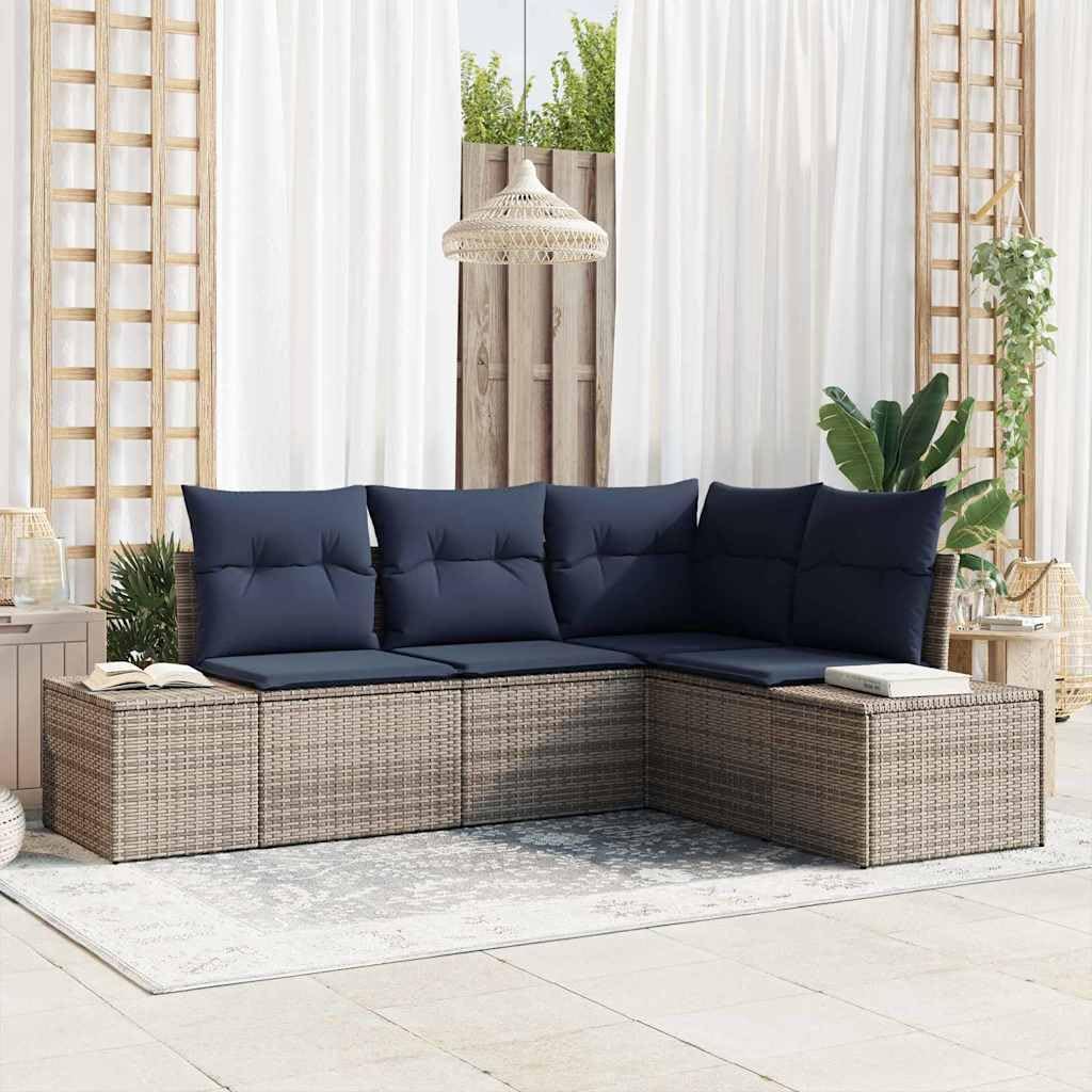 Grey 4-Piece Poly Rattan Patio Sofa Set with Cushions, Modular All-Weather Outdoor Lounge Seating for Deck & Yard, UV-Resistant Outdoor Patio Furniture