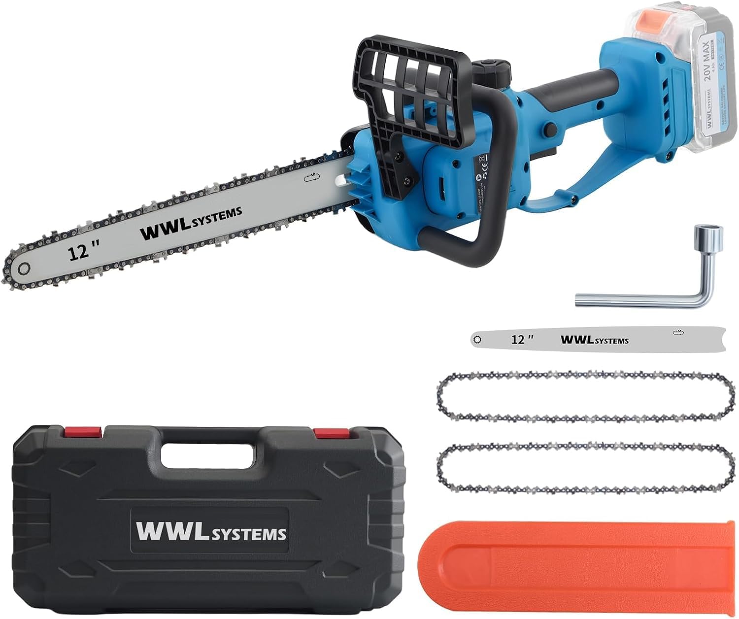 WWLSYSTEMS 20V MAX Chainsaw，12Inch Brushless Electric saw Cordless，Battery Powered Handheld Chainsaw For Tree Trimming, Branch Wood Cutting (Tool Only, No Battery/Charger)