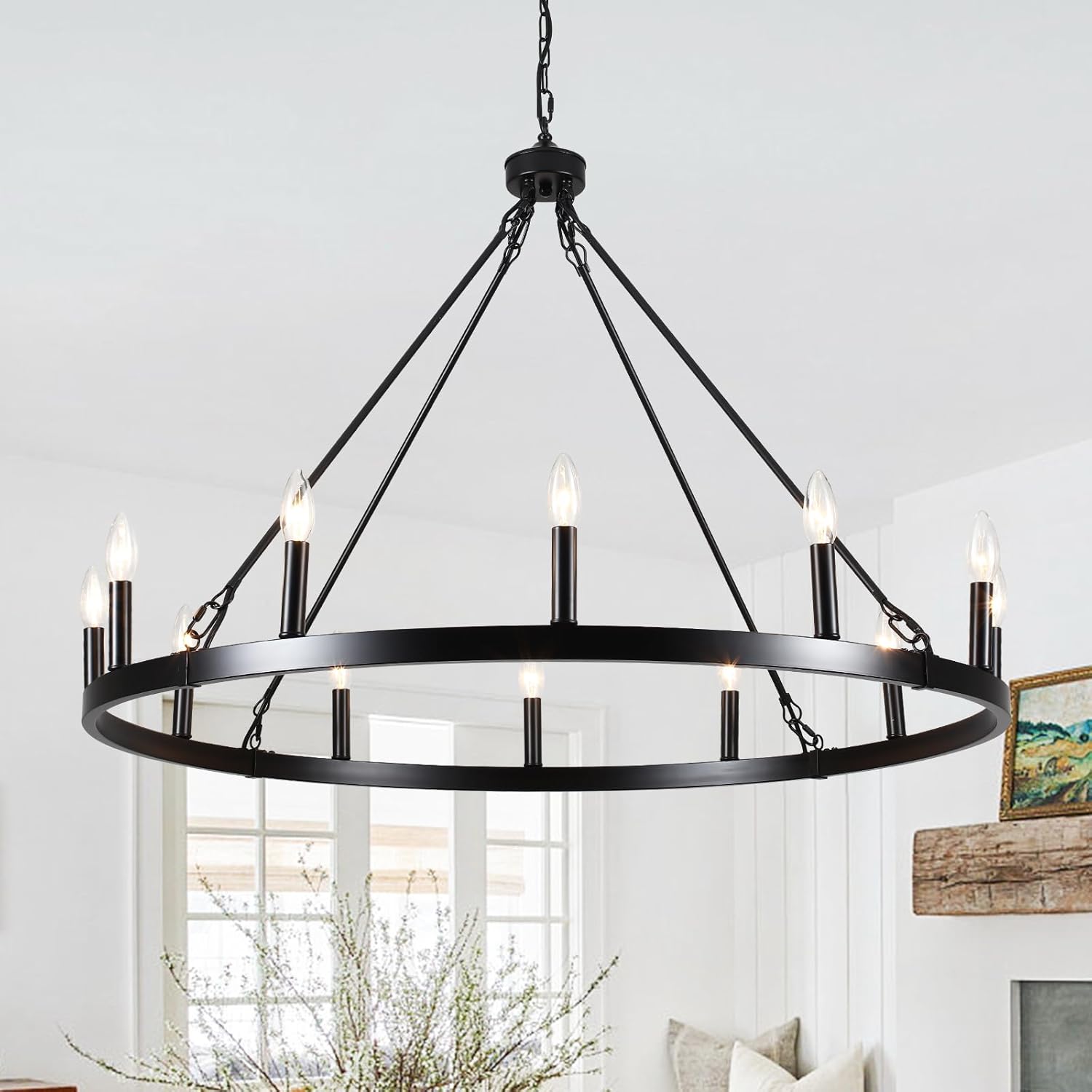 12-Light Black Wagon Wheel Chandelier for Dining Room Farmhouse Pendant Light Fixtures Outdoor for Rustic High Ceilings Round Chandeliers for Living Room Entryway Foyer Kitchen Island,38