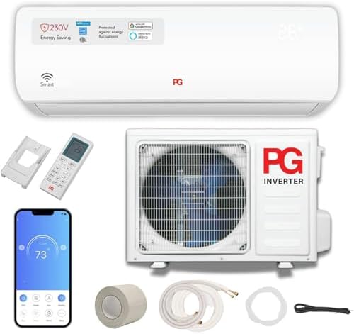 PG Split System Air Conditioner 12,000 BTU Heat Pump, 17 SEER Ultra Energy Efficient, Quiet Operation, Indoor & Outdoor Units, 230V, Refrigerant R-32, Wi‑Fi Smart Control