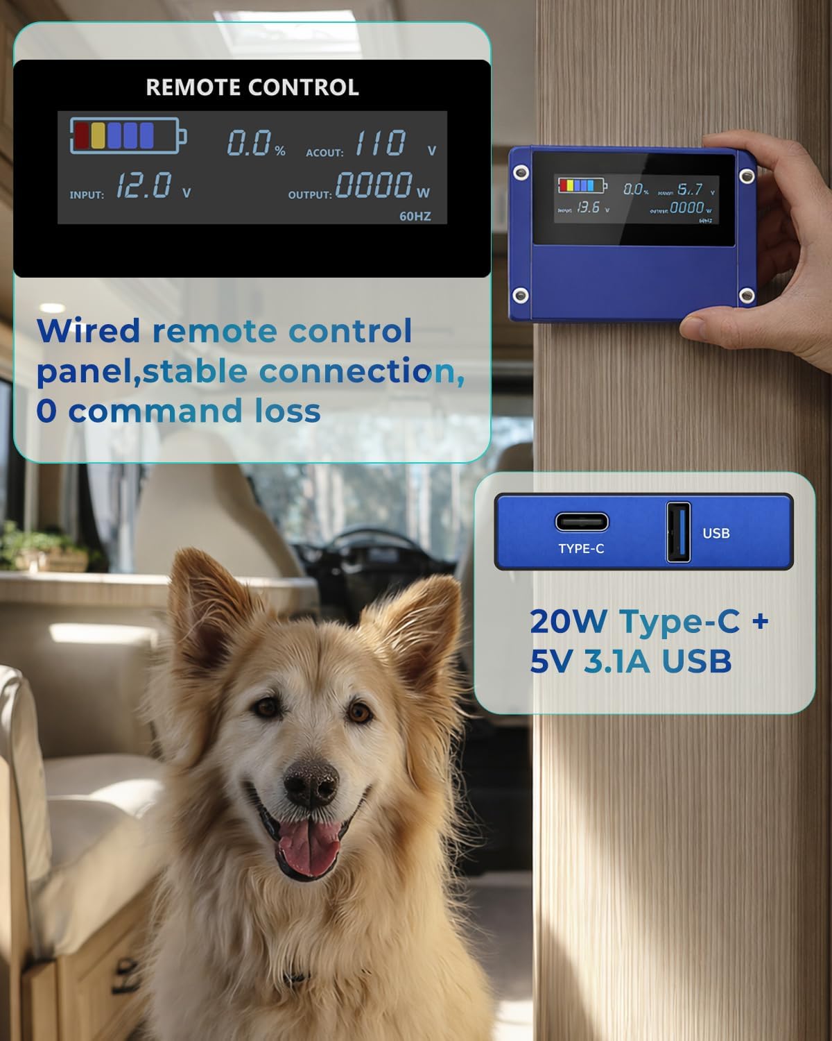 5000 Watt Pure Sine Wave Power Inverters, DC 12V to 110V Inverter with 0 AWG Battery Cables, Remote & LED Panel Control, 4 AC Outlets, 5V 3.1A USB, 20W Type-C, 10000 W Surge for RV, Truck, Off Grid