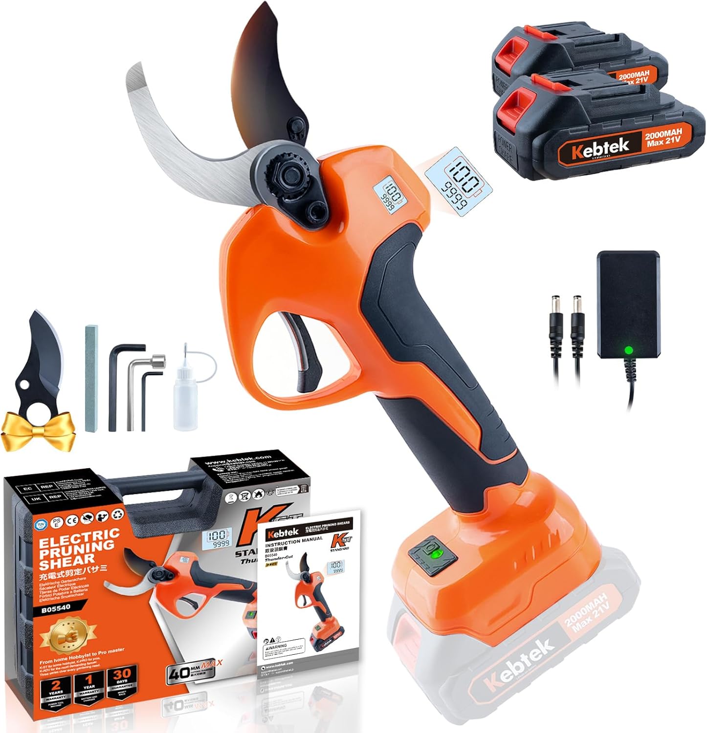 Kebtek Electric Pruning Shears 40mm with 4000mAh Batteries, Battery Power Pruners Cordless 1.6'' Electric Snippers Secateurs Professional Tool for Gardening Heavy Duty