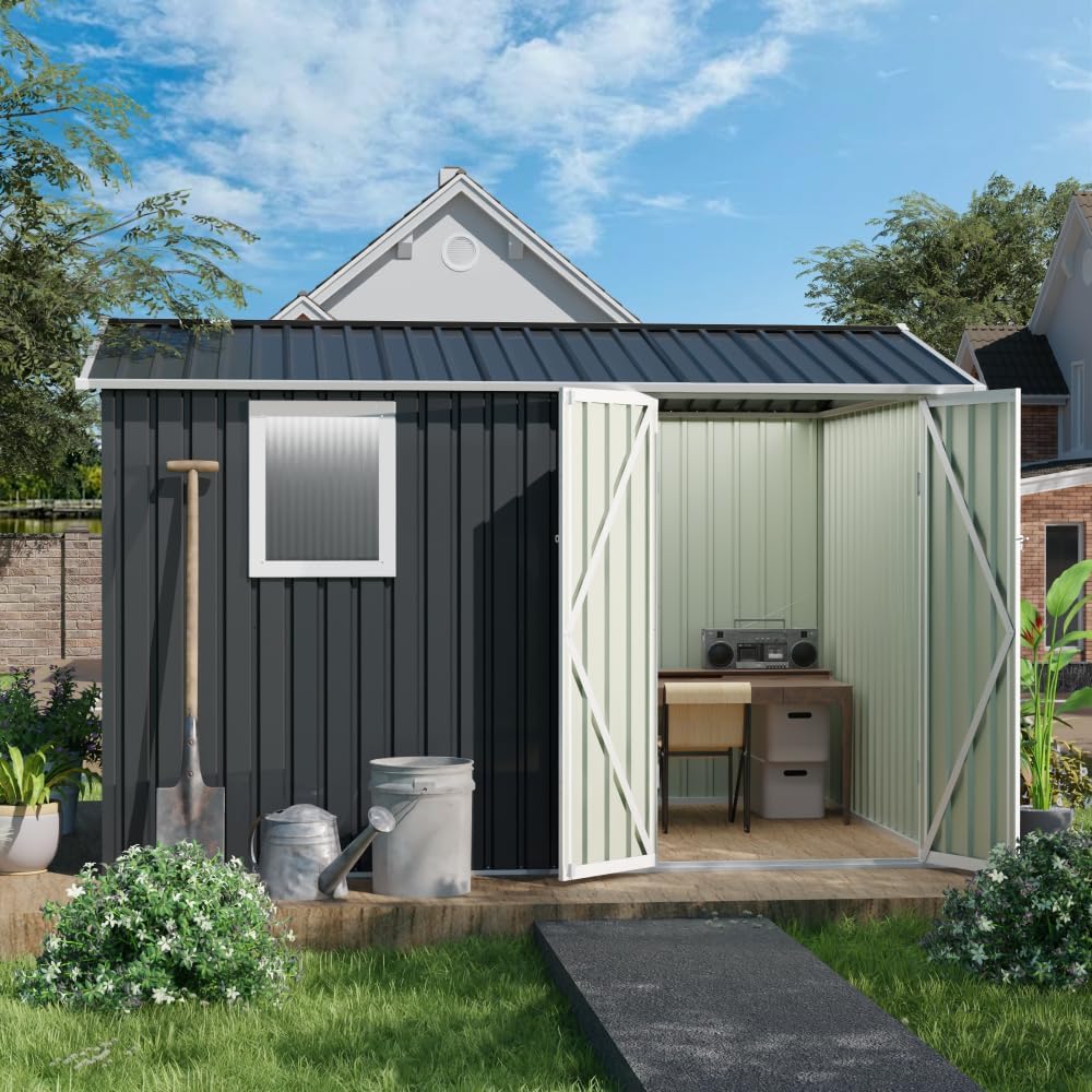 8FT x 6FT Garden shed with Apex Roof for Patio Backyard use Galvanized Steel Metal Sheds Storage House (9.5 x6.7 FT Grey Apex Roof with Window)