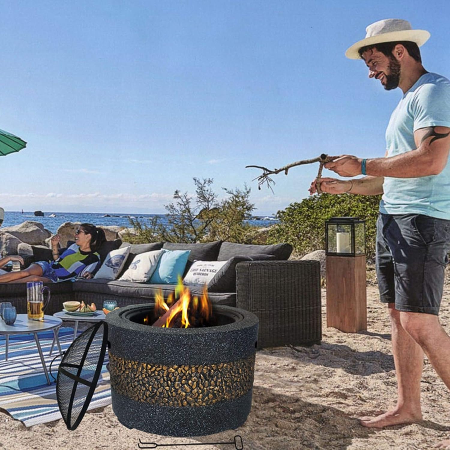 Concrete Round and Wood Burning Fire Pit Backyard Patio Garden Fireplace BBQ Grill Firepit Bowl Outdoor Fire Pits 3 in 1 Fireplace for Bonfire for Outdoor Patio