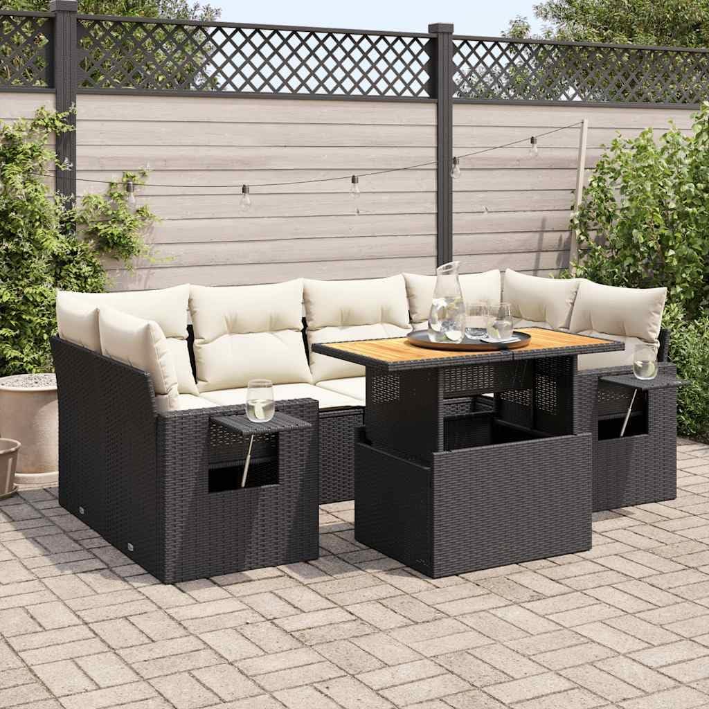 7-Piece Garden Sofa Set Black Poly Rattan, Outdoor Patio Furniture with Cream Cushions, Dining Table for Balcony, Terrace