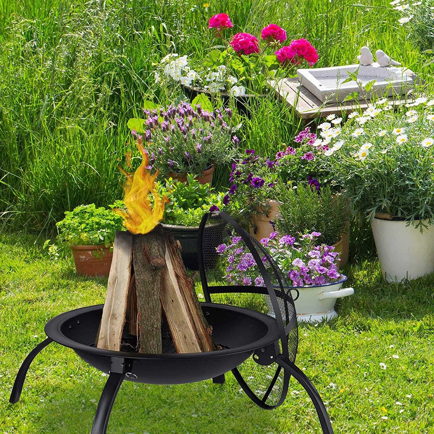 Portable Folding Fire Pit Outdoor Multifunction Fire Pit Bowl BBQ Grill with Mesh Spark Screen Cover for Backyard Camping Picnic Bonfire Garden Patio Brazier