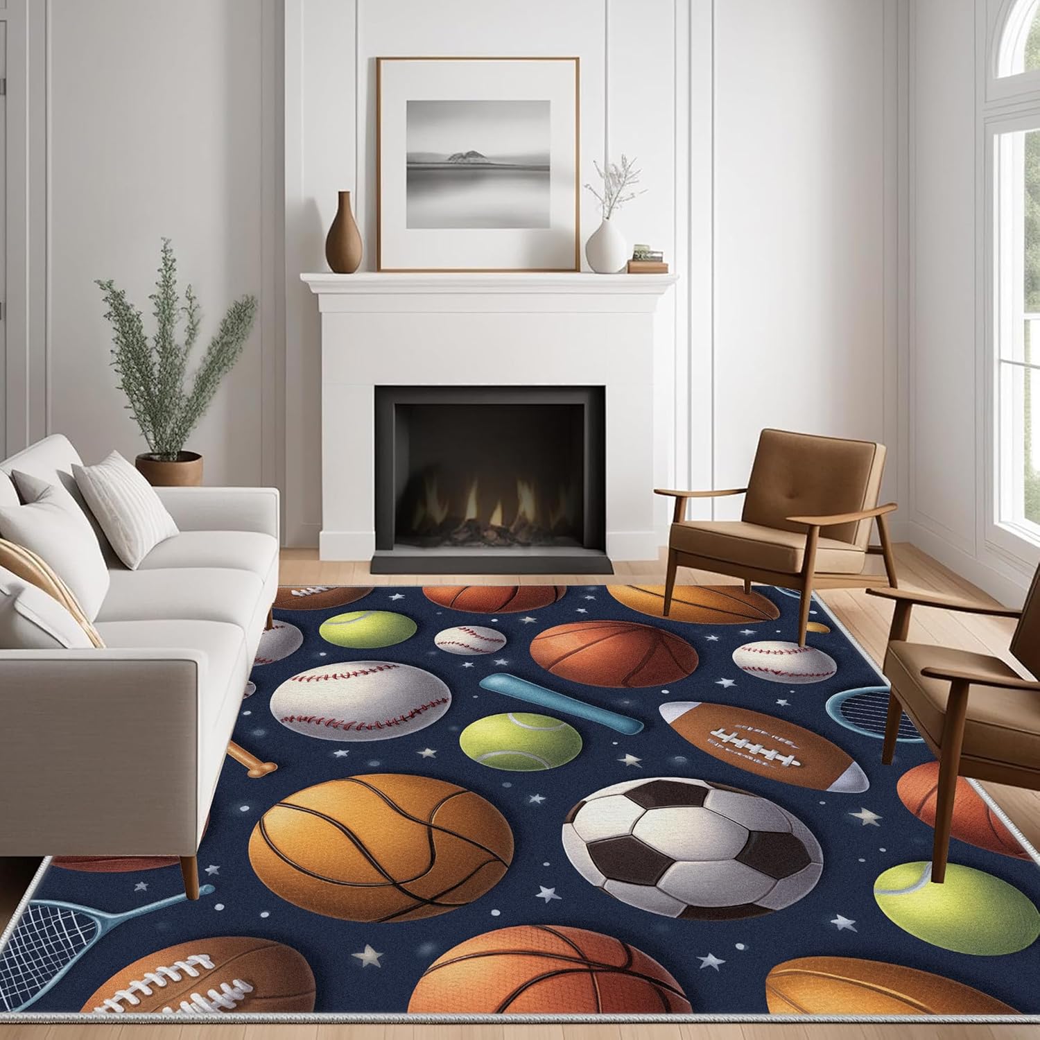 Football Sports Rug & Home Decor, Basketball Washable Rug 8x10, Soccer Baseball Rugs for Living Room Bedroom - Non Slip Soft Indoor Large Area Rug, Carpet Kitchen Room Decor