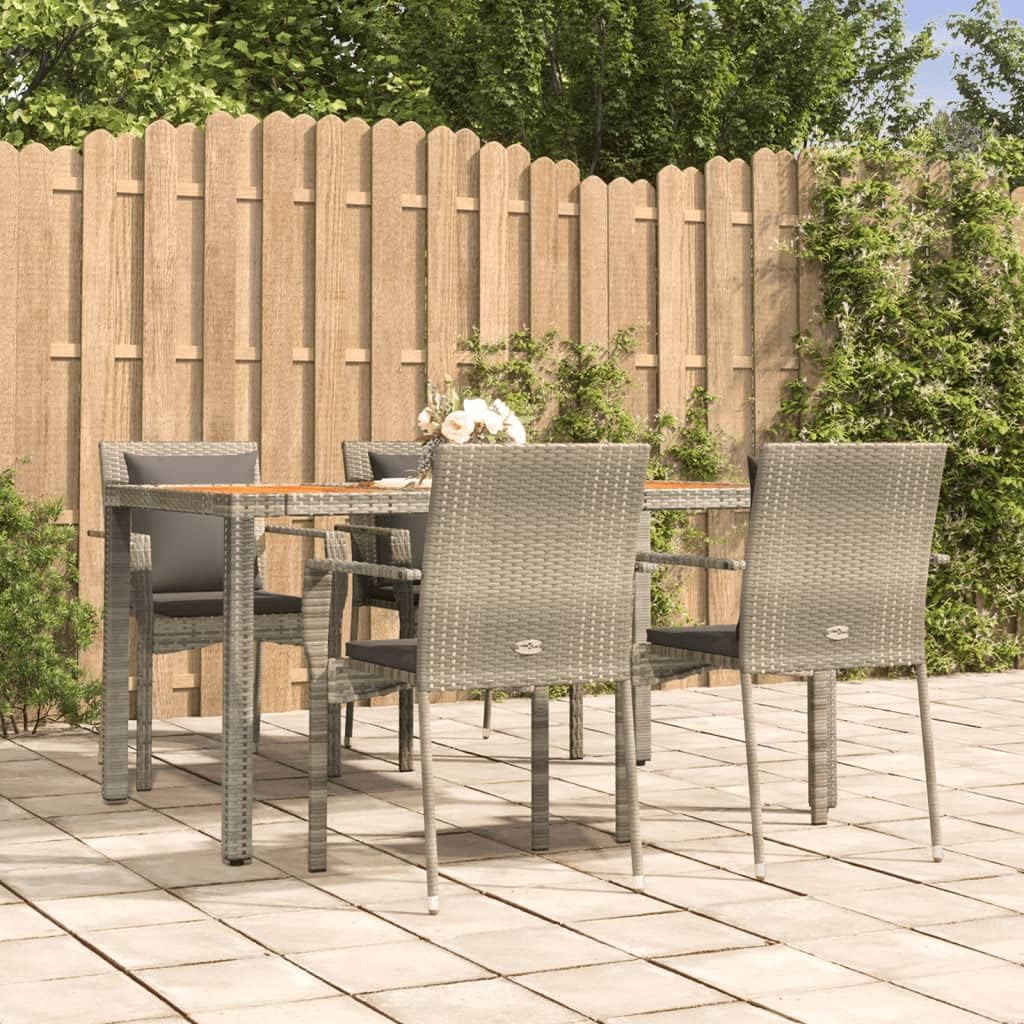 Garden Dining Set Grey, 4 Seater Patio Furniture with Acacia Wood Tabletop, Weather-Resistant PE Rattan Outdoor Table and Chairs for Balcony, Terrace