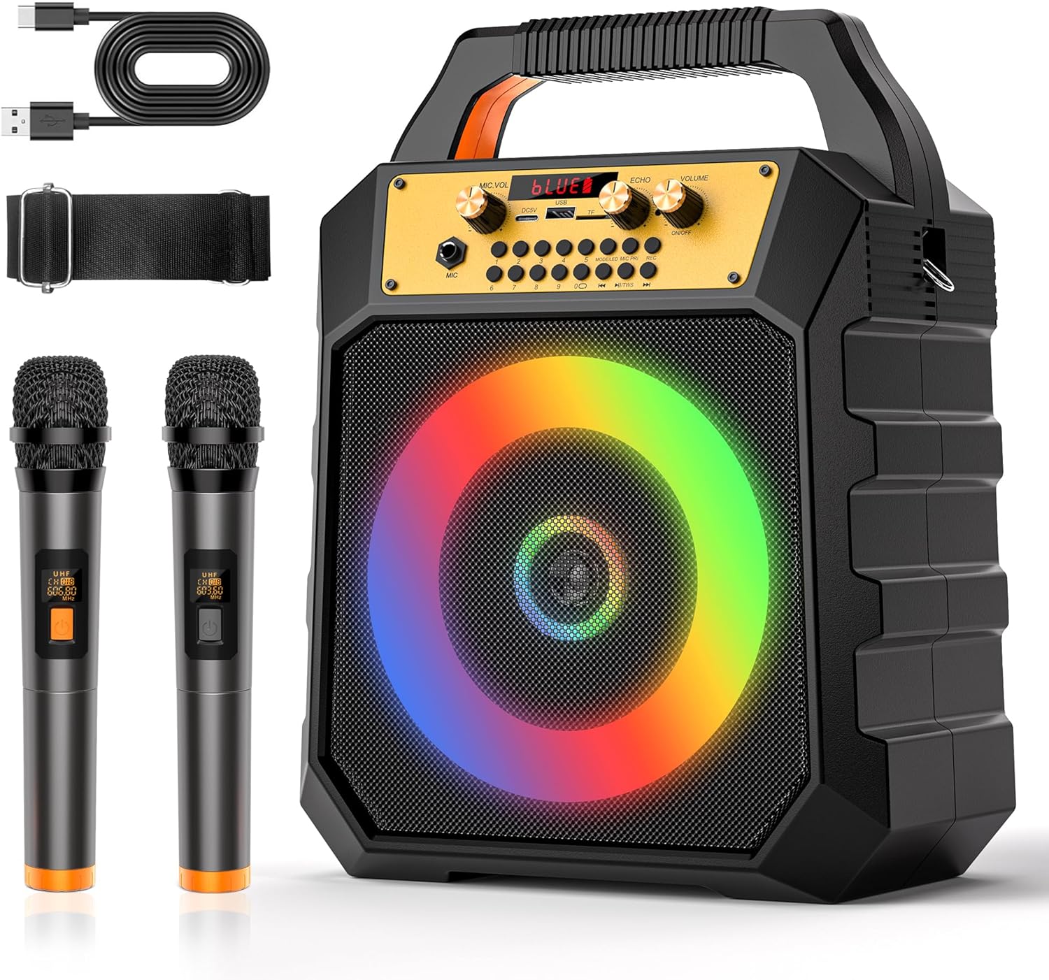 Portable Karaoke Machine for Adults Coaxial Speaker with 2 Wireless Microphones,Bluetooth PA System with 5 Dynamic LED Lights Mode,Supports TF/SD/USB,AUX,FM,REC for Home Party (171-black)