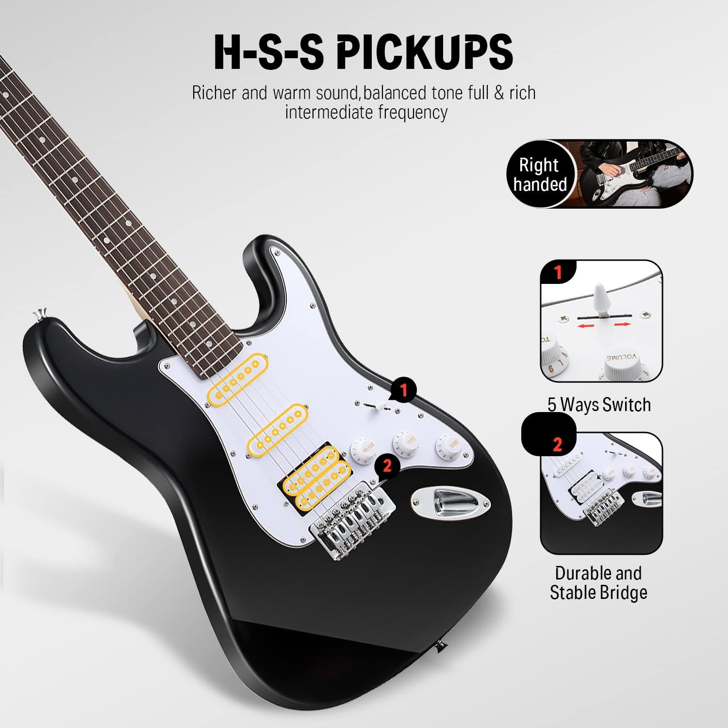 Donner DST-100B 39 Inch Electric Guitar Beginner Kit Solid Body Full Size Black HSS for Starter, with Amplifier, Bag, Digital Tuner, Capo, Strap, String,Cable, Picks