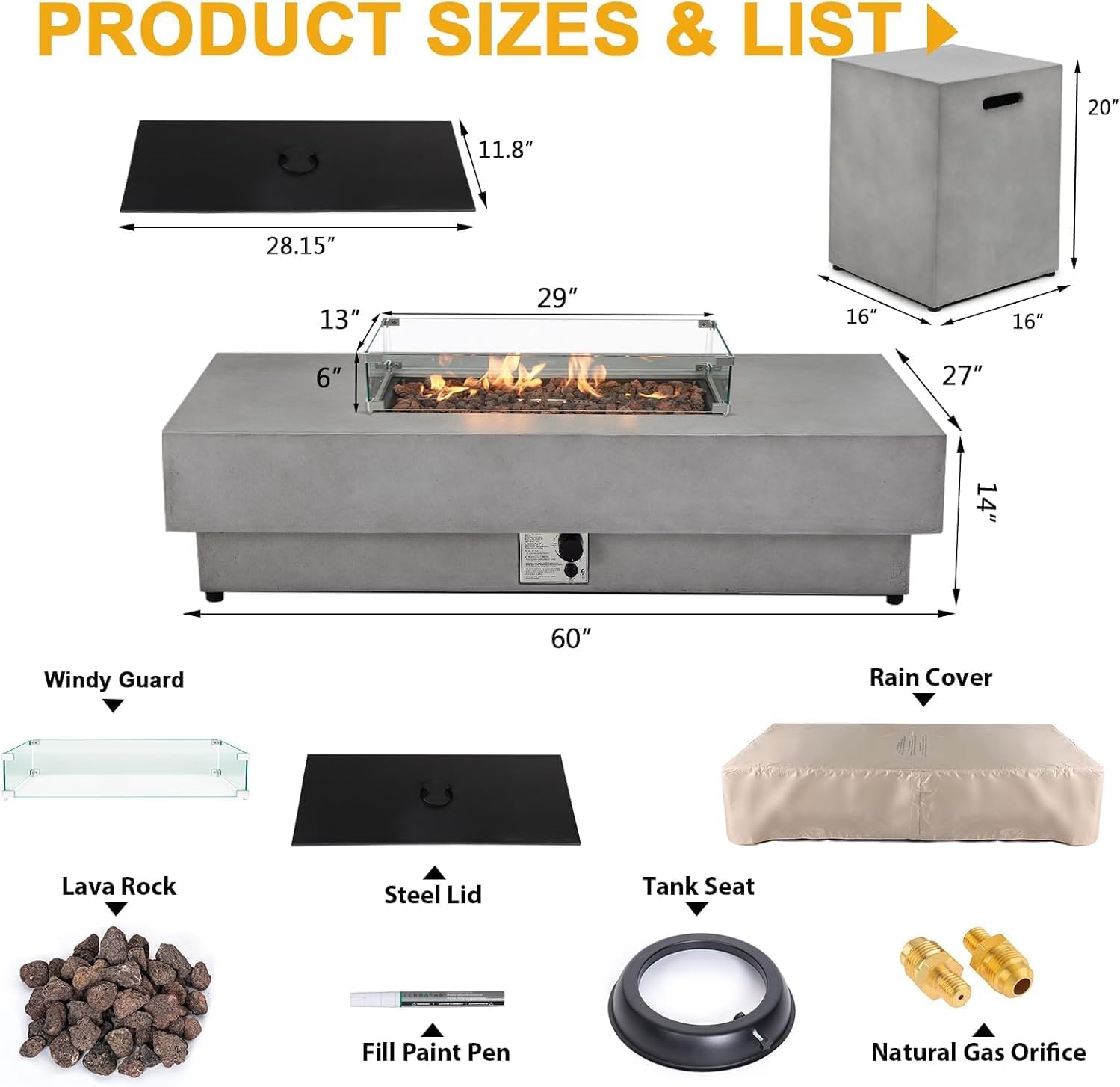 60Inch Fire Pit Table Propane with Tank Cover Windy Guard, 50,000 BTU Concrete Rectangle Firepit for Outside Patio with Metal Lid, Lava Rocks, Rain Cover, Backyard, Outdoor