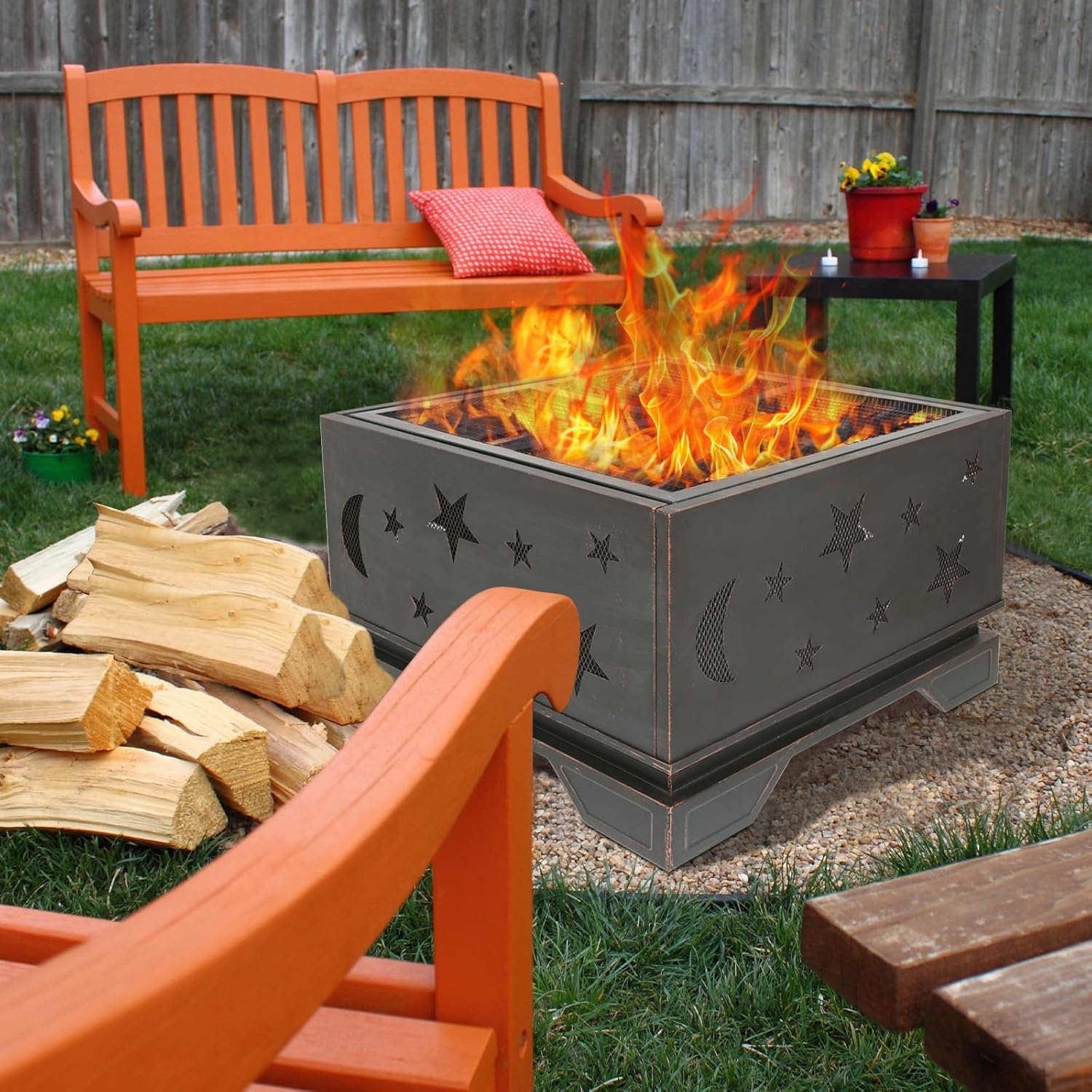 Outdoor Charcoal Grill Wood Burning Firepit for Patio Garden, Backyard, Camping - Large Burning Space Fireplace Accessories with Poker