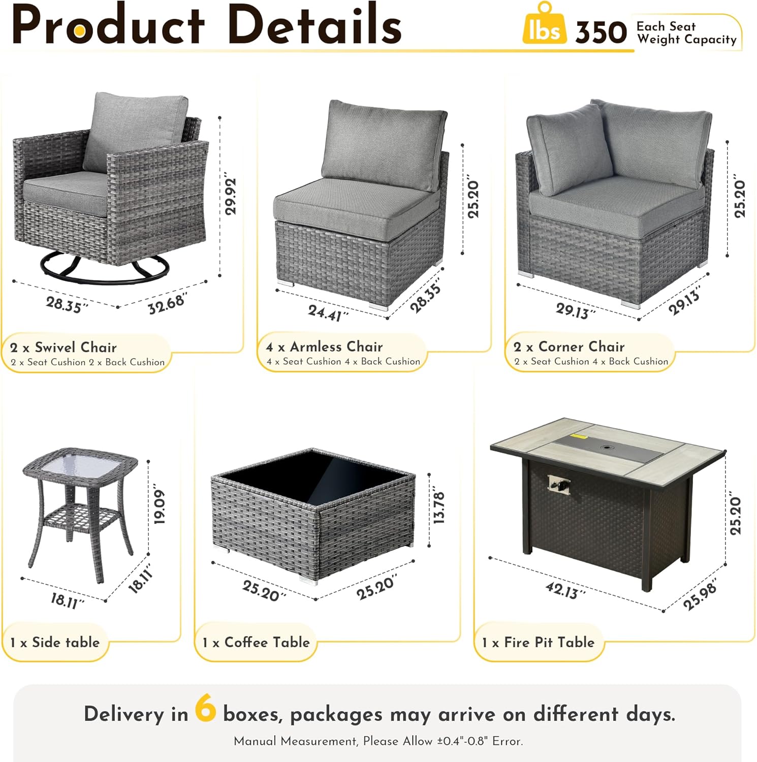 Weaxty 11 Piece Patio Furniture Set with Fire Pit Table, Outdoor Sectional Couch Swivel Rocker Patio Chairs with Coffee Table Wicker Conversation Sets for Balcony Backyard, Dark Gray