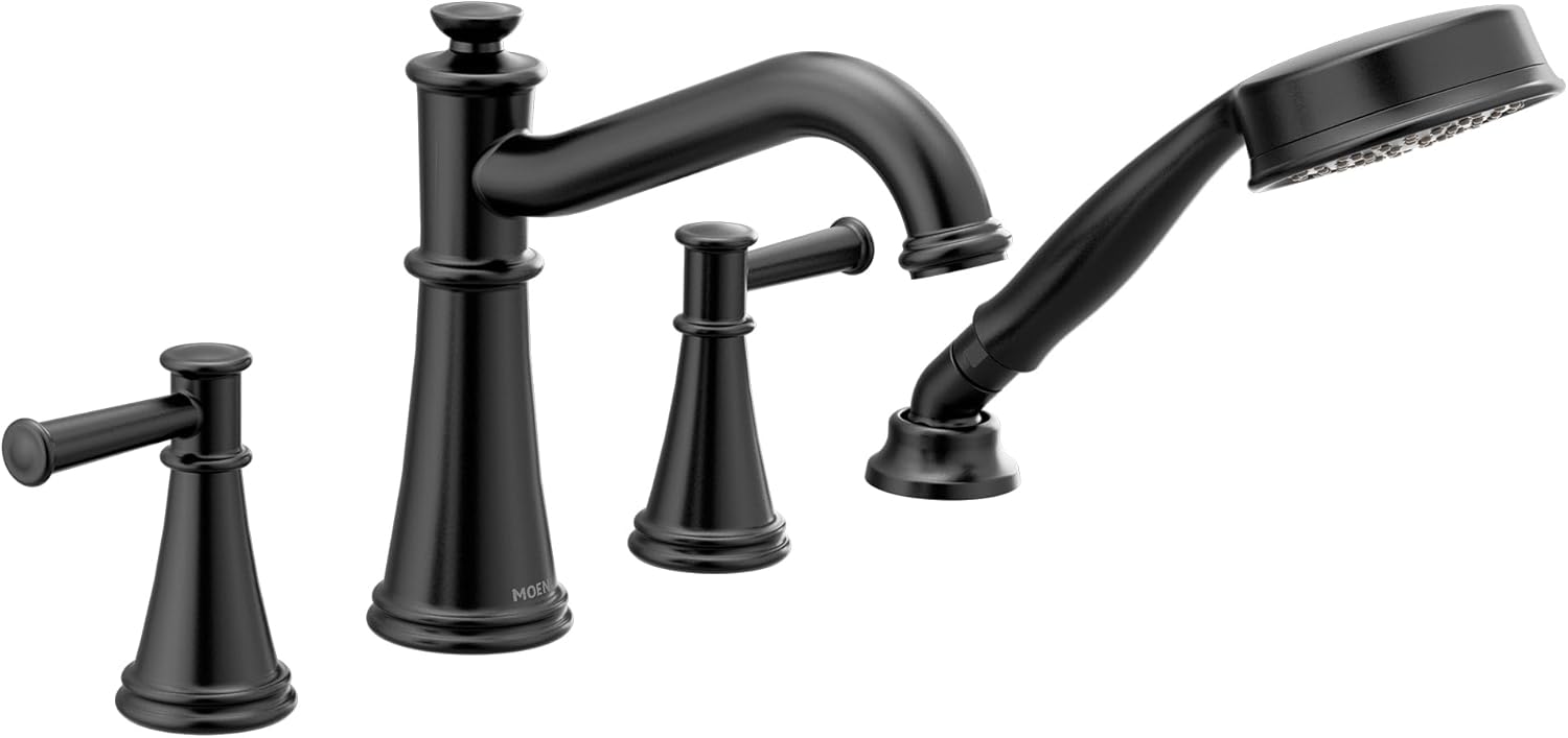 Moen Belfield Matte Black Two-Handle Deck Mount Roman Tub Faucet Trim Kit with Handshower, Valve Required, T9024BL