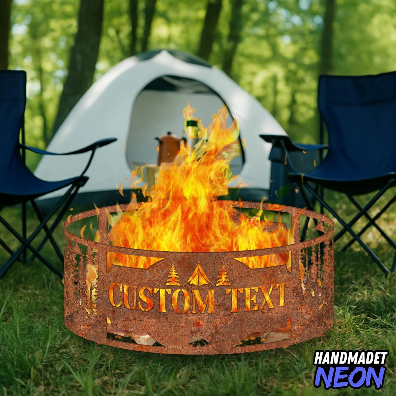 Personalized Rusty Forest Bear Fire Pit Ring 360 Degree, Custom Outdoor Rusted Campfire Round Firepit, Pits Gifts for Wood Burning, Fireplace, Camping Essentials, Raised Garden Bed