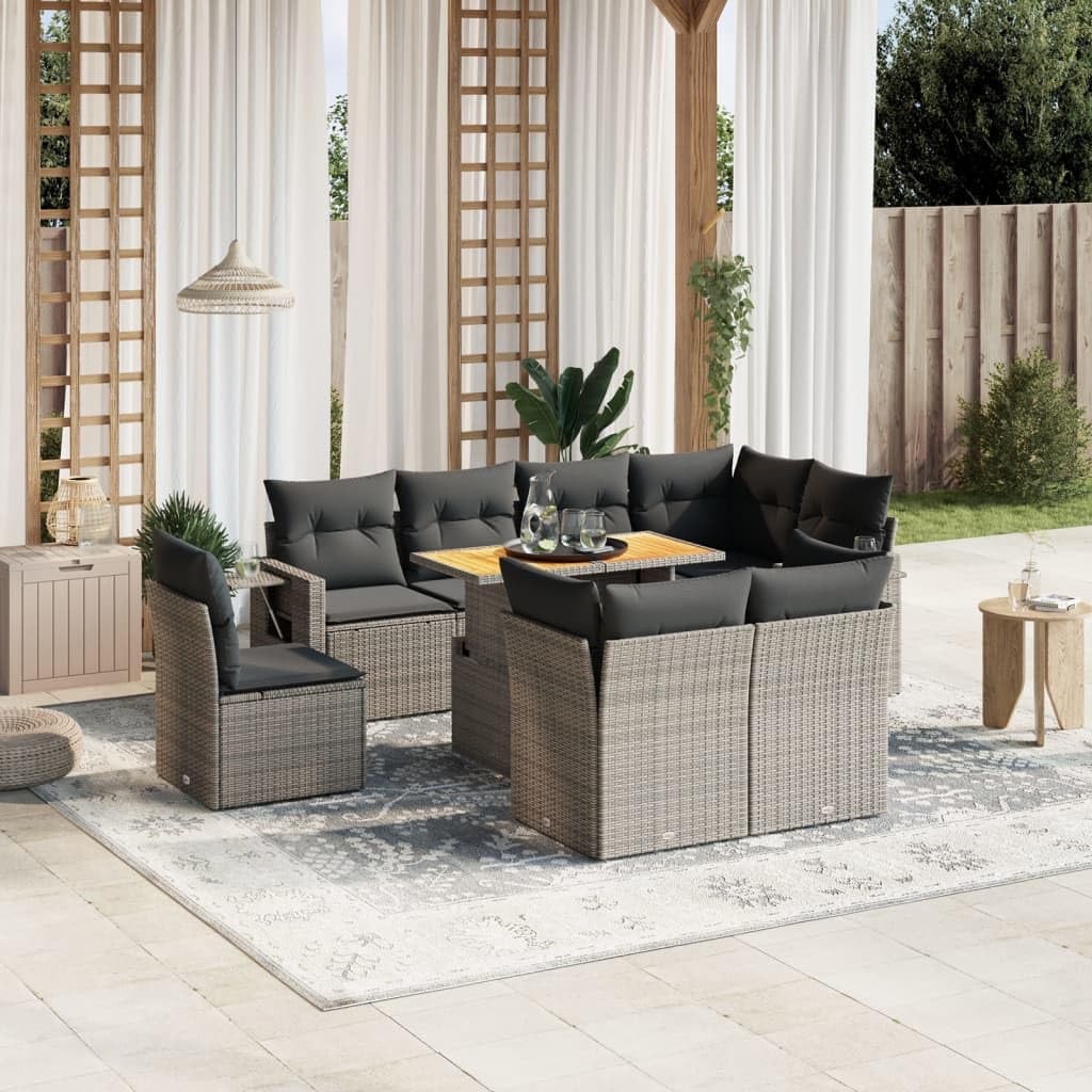 9-Piece Modular Garden Sofa Set, Gray UV-Resistant Poly Rattan Outdoor Patio Furniture, Powder-Coated Steel Frame, Comfortable Cushions for Backyard, Balcony