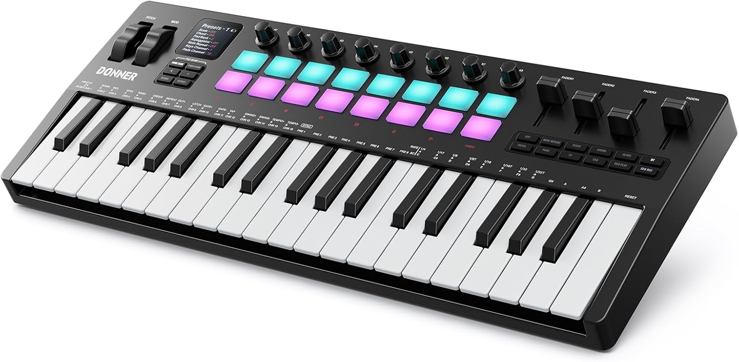 Donner STARRYKEY-37 PLAY MIDI Keyboard Controller, 37 Key Portable MIDI Controller with 128 Build-in Voices, 16 Drum Pads, Arpeggio, Sequencer, USB/Wireless Connection, 4 DAW Software & 40 Courses