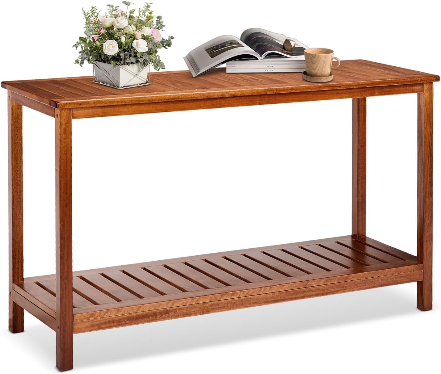 VINGLI 49in Solid Wood Outdoor Console Table, 2-Shelf Wooden Outdoor Accent Plant Table Multifunctional Buffet Bar Storage Organizer for Indoor Patio Porch and Entryway (Natural)