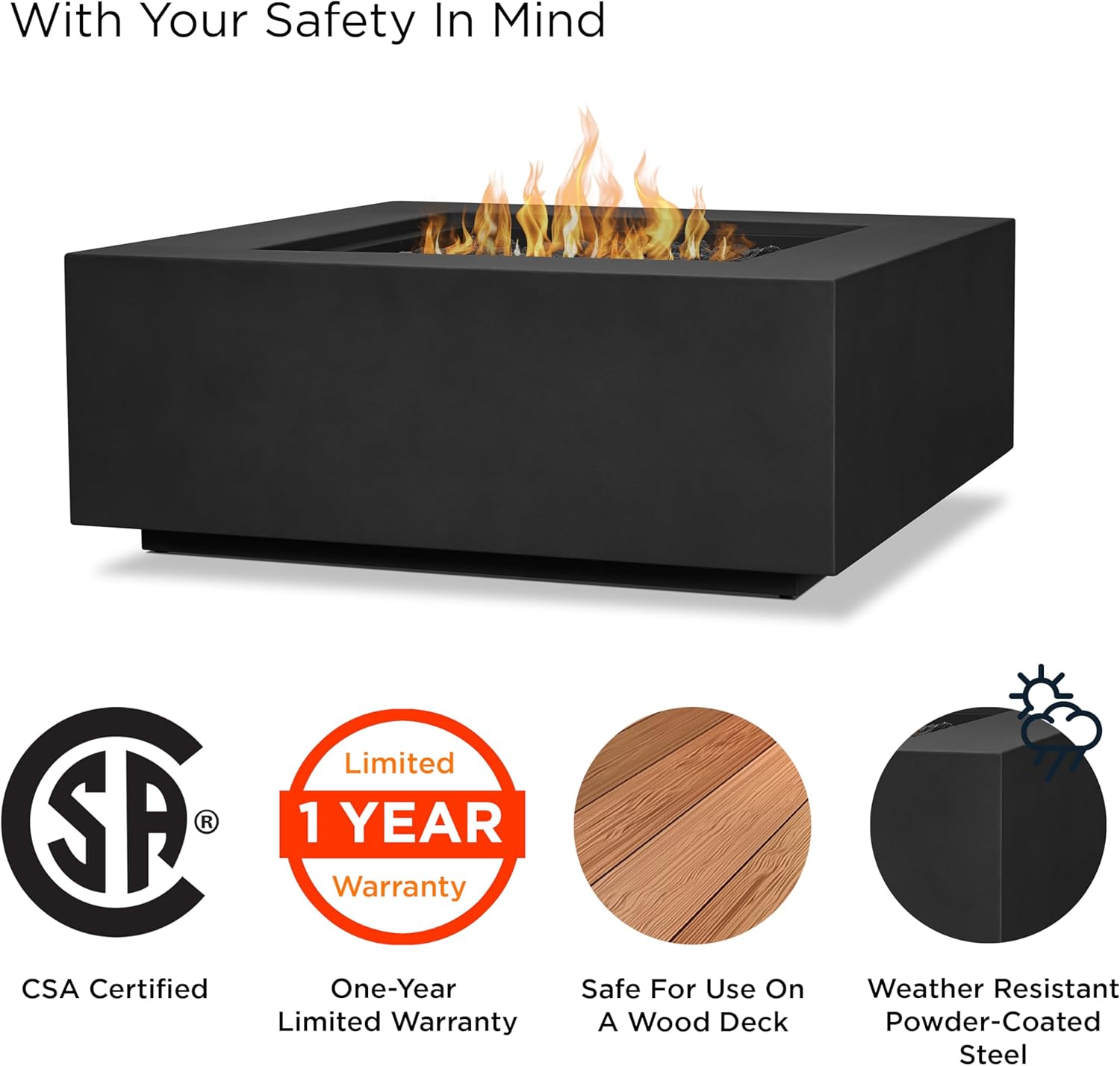 Real Flame Aegean 36”in Square Propane or Natural Gas Fire Pit Table, 50,000 BTU, Powder-Coated Steel, Push-Button Ignition, CSA Certified, Lava Rock, Storage Cover, Stainless Steel Burner with Lid