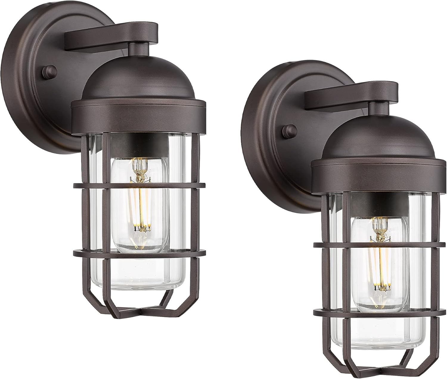 Emliviar Farmhouse Outdoor Wall Sconces, 2 Pack Vintage Exterior Light Fixtures with Nautical Metal Cage and Tempered Glass, Oil Rubbed Bronze Finish, GE255B-2PK ORB