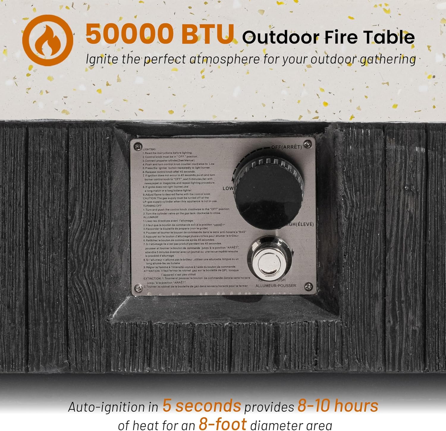 35inch Square Outdoor Propane Fire Pit Table-Black & White Finish,50000 BTU Auto-Ignition,CSA Certified,with Lava Rocks & Waterproof Cover for Patio,Garden,Deck