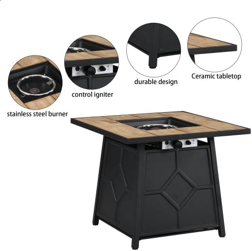 28-inch Square Propane Gas Fire Pit Table, Auto-Ignition System, Ceramic Tabletop with Stainless Steel Burner, Black