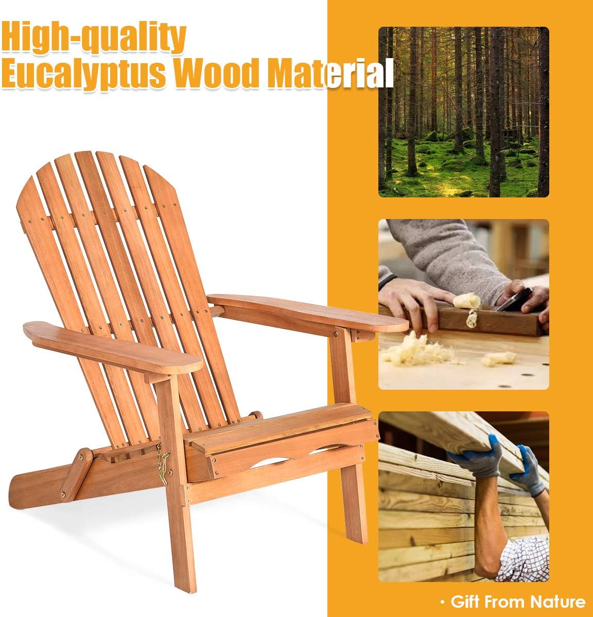 Giantex Wooden Adirondack Chair Set of 4 Outdoor Lounger Chair, Folding Adirondack Chairs 400 lbs Weight Capacity for Patio, Garden, Deck, Porch, Lawn, Oversized Backyard Seating Fire Pit Chairs