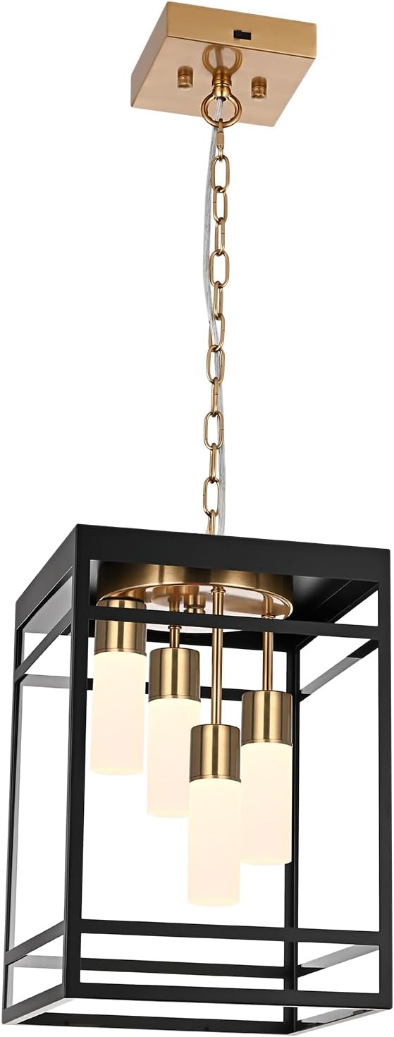 Large 4-Light Outdoor LED Pendant Lights for Porch, Black & Brushed Brass Outdoor Chandelier 5CCT Dimmable Exterior Hanging Porch Light Fixtures LED Integrated Included Bulbs for Entrance