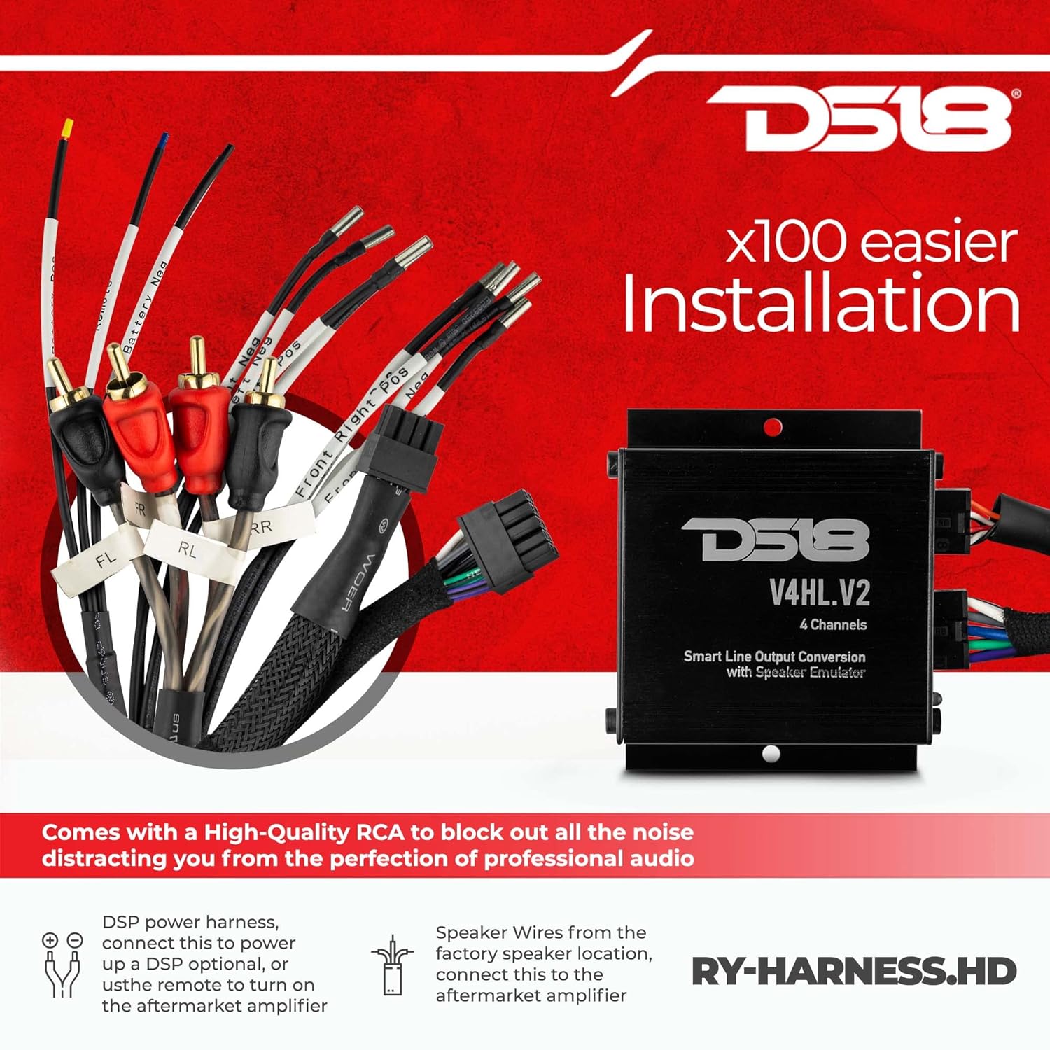 DS18 RY-Harness.HD Harley Davidson Plug and Play Harness for Amplifiers, 4 Channel RCA Pre-Output Ready to Use - Great for Upgrade Your Motorcycle Sound System