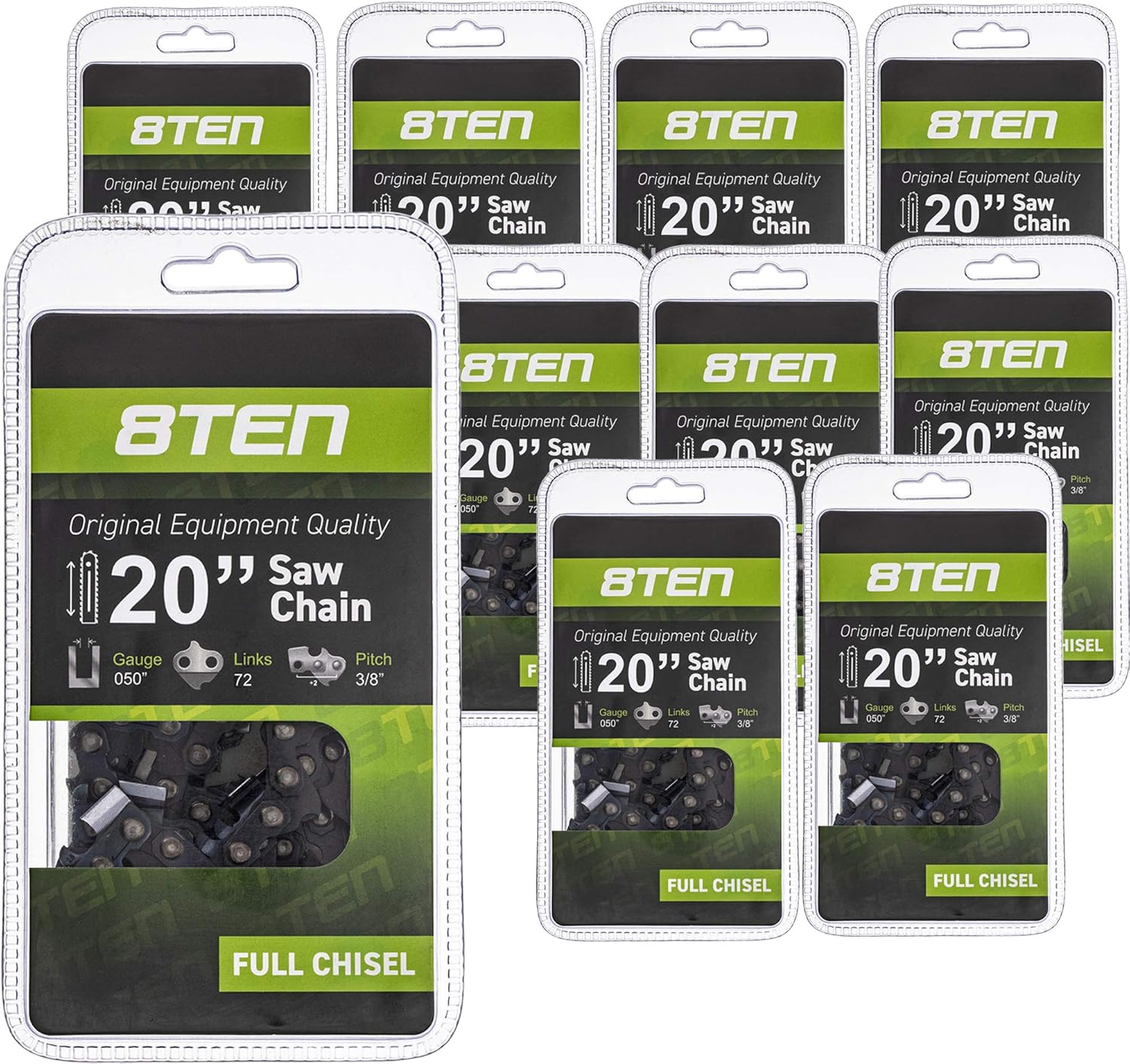 8TEN Chainsaw Chain for Stihl 024 066 Husqvarna Rancher 455 450 33RS-72 501842672 20 inch .050 3/8 72DL 10 Pack