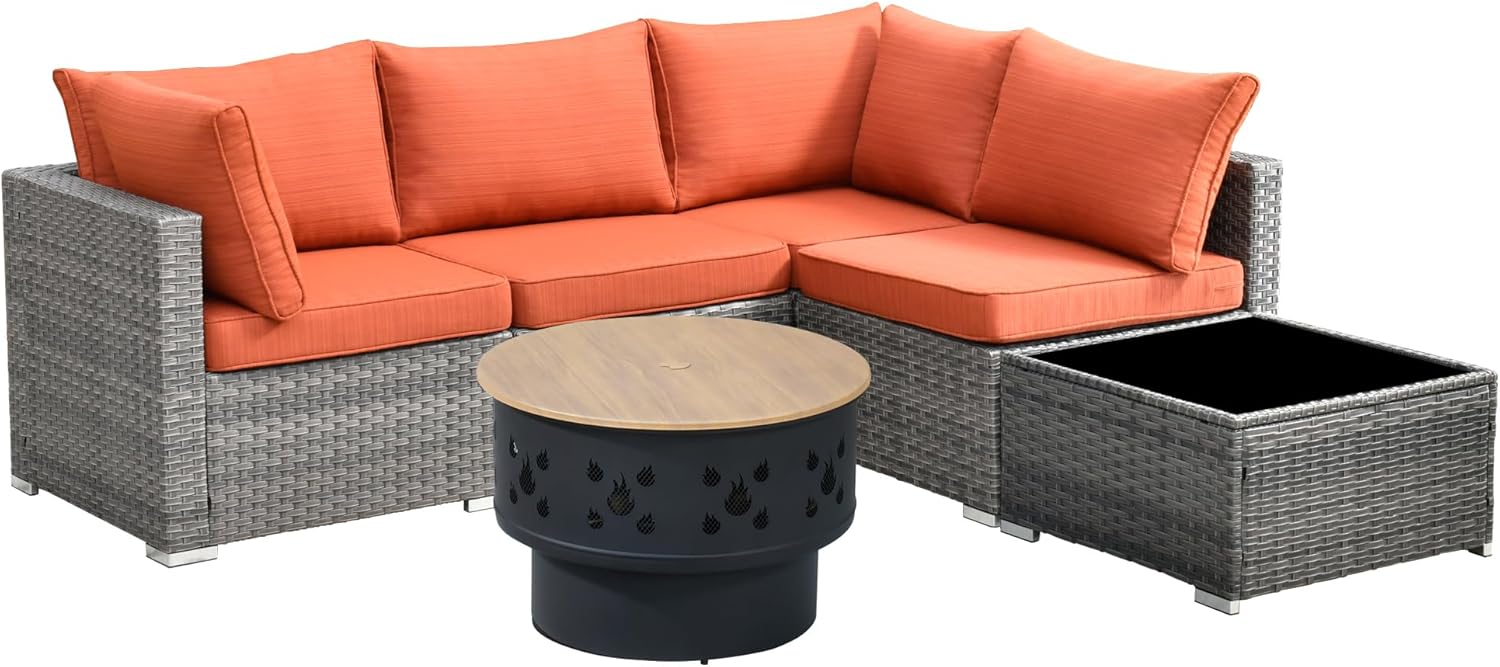 HOOOWOOO 6-Piece Patio Furniture Set with Cushions and Glass-Top Coffee Table, All-Weather Rattan Outdoor Wicker Sectional Sofa with Fire Pit, Modern L-Shaped Sofa for Garden or Deck (Orange Red)