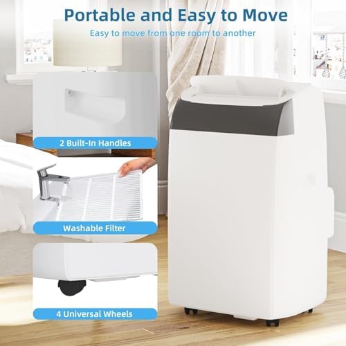 14,000 BTU Portable Air Conditioner with Dehumidifier & Fan, Quiet Portable AC Units for Rooms, Remote, Timer, Auto Swing, Room Air Conditioner Cools Up to 750 Sq.Ft., White Top
