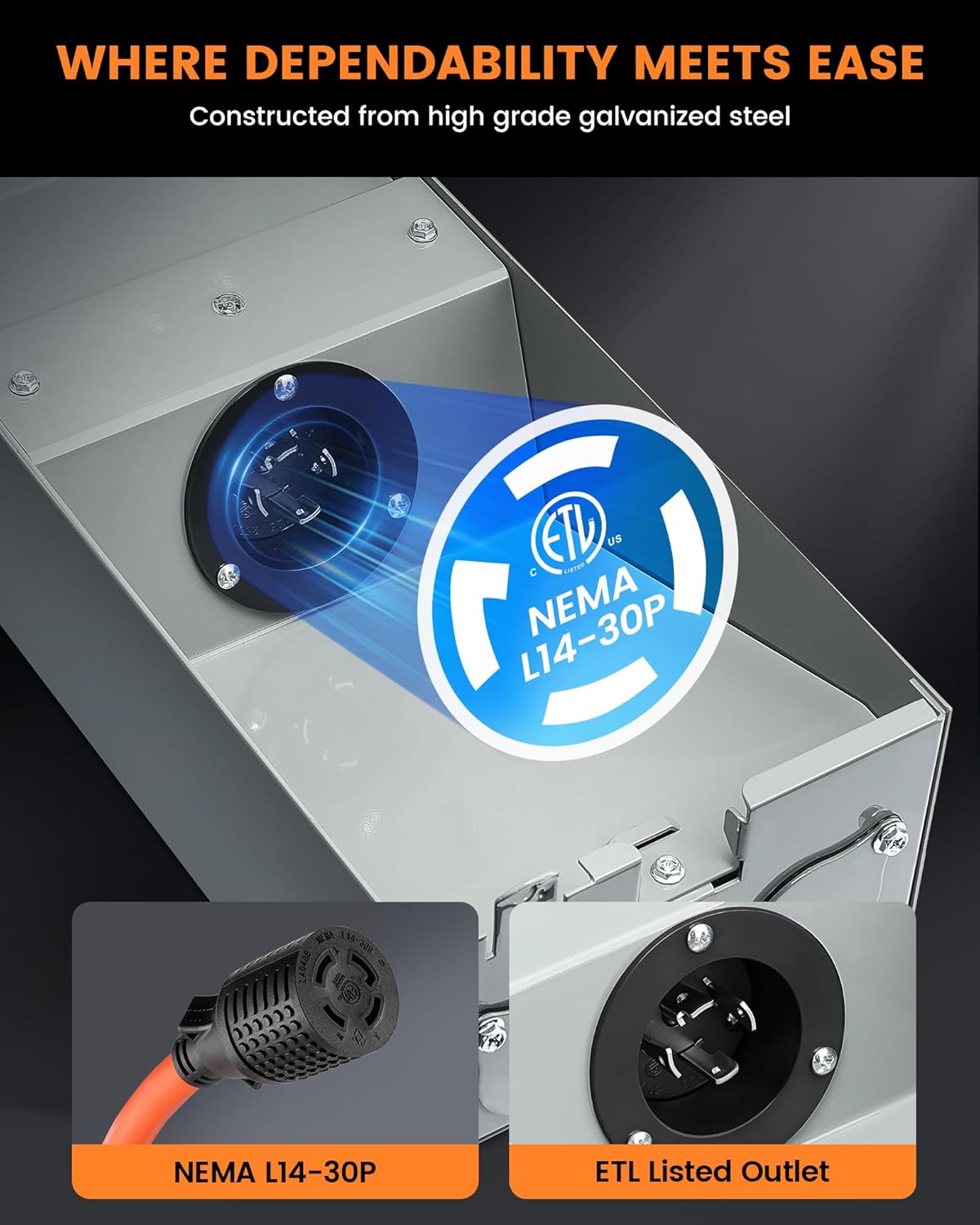 SURAIELEC 30 Amp 50FT Generator Cord and Power Inlet Box, Generator Box with 4-Prong Generator Cord, NEMA L14-30P to L14-30R Generator Cord Waterproof Combo Kit for Snowstorm, ETL Listed Outlet