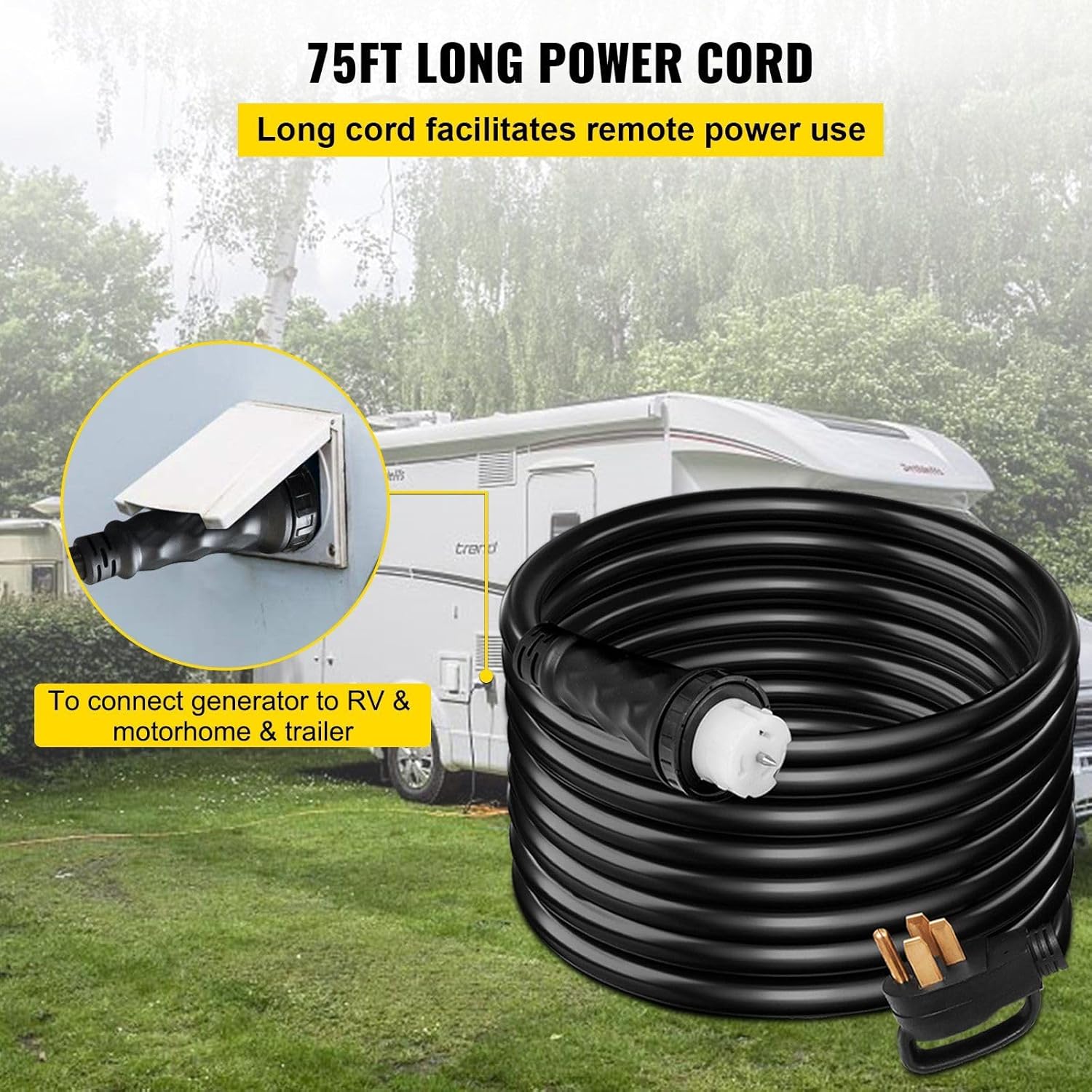 75ft 50 Amp Heavy Duty Generator Extension Cord, 6AWG/3C+8AWG/1C with N14-50P, SS2-50R & CS6364 Twist Lock Connectors, All-Weather Power Cord for Industrial and Home Backup