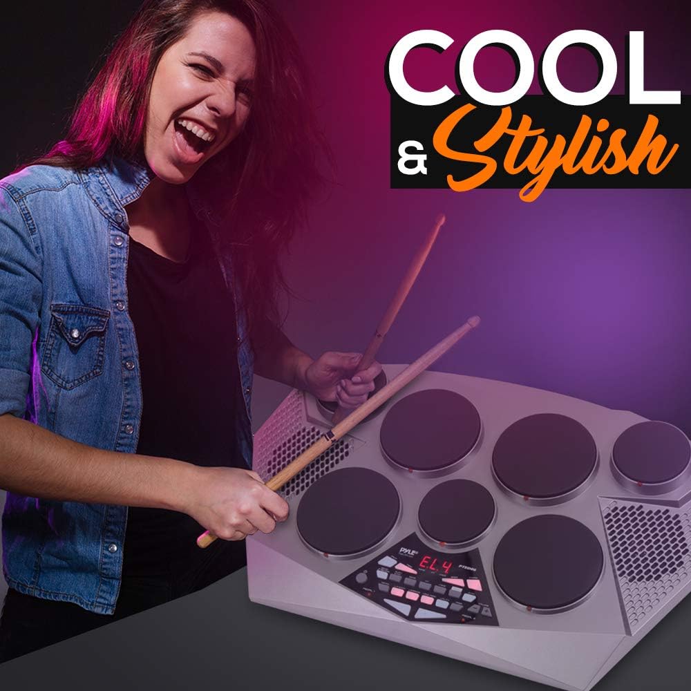 Pyle Pro Electronic Drum Kit - Portable Electric Tabletop Drum Set Machine with Digital Panel, 7 Drum Pads, Hi-Hat/Kick Bass Pedal Controller USB AUX - Tom-Toms, Hi-Hat, Snare Drums, Cymbals