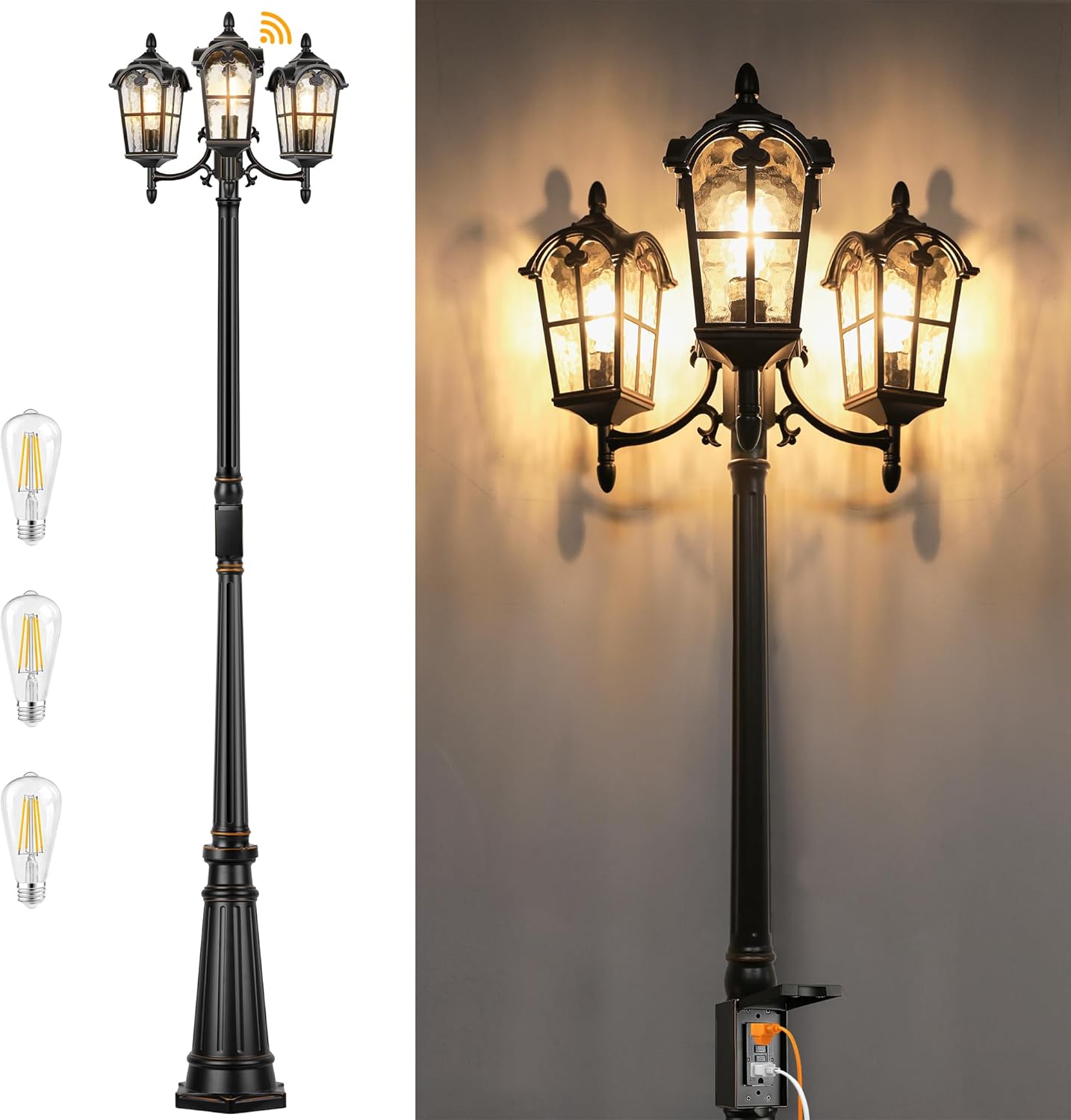 Black Roman Dusk to Dawn Outdoor Lamp Post with GFCI Outlet, Triple Head Aluminum Street Light Post for Outside, Waterproof Pole Lighting Fixture with Water Glass for Backyard Garden Patio Driveway