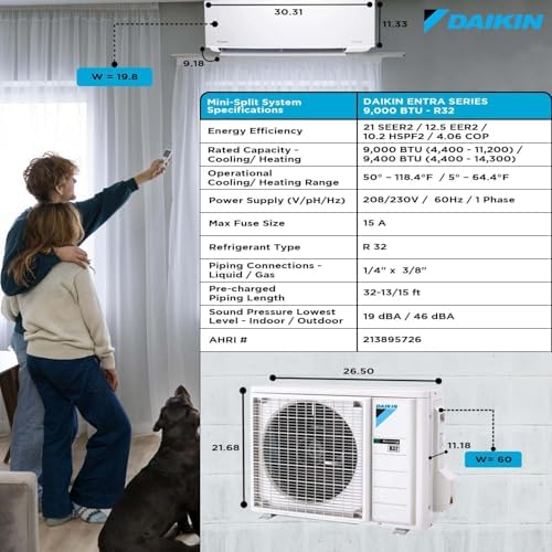 Daikin 9,000 Btu 21 SEER2 Oterra Series Ductless Mini-Split, Wall Mount Heat Pump Air Conditioner - R32 w/Installation Kit, 1/2 Whip, 30A Disconnect, and Wall Bracket
