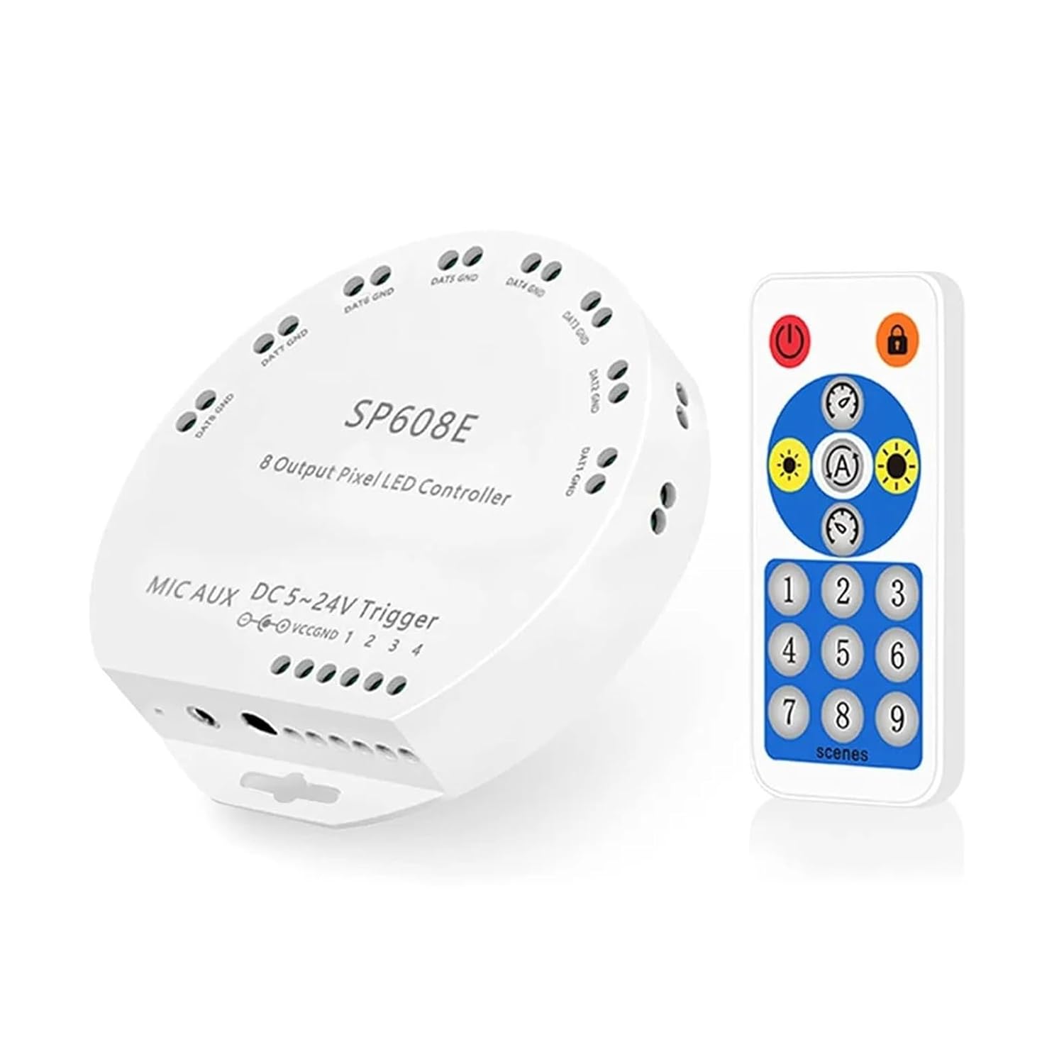 WS2812B WS2811 WS2813 WS2815 1903 Built-in Microphone/AUX Music SP608E Controller with 8 Signal outputs DC5-24V