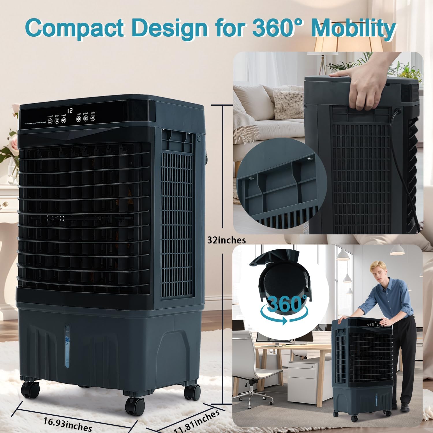 1800 CFM Swamp Cooler Portable Air Conditioners, 31” Evaporative Air Cooler with 4 Gallon Water Tank, 4 Ice Packs, 120°Oscillation Cooling Fan 2 Modes & 3 Speeds, 12H Timer for Home Outdoor Office